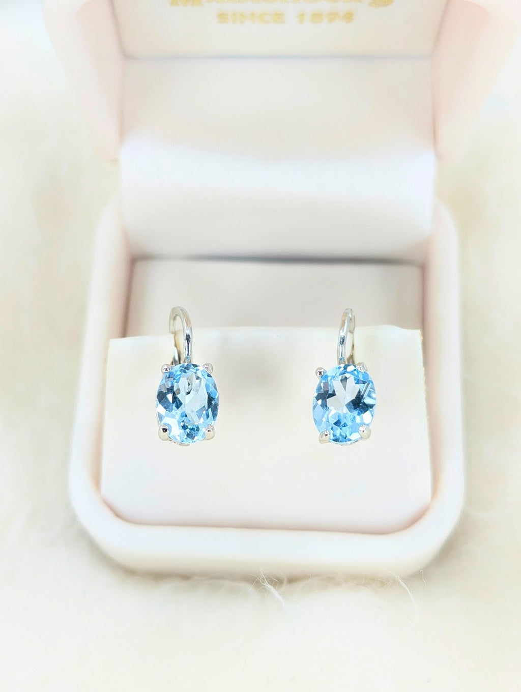 Elegant 18k White Gold Blue Topaz Leverback Earrings