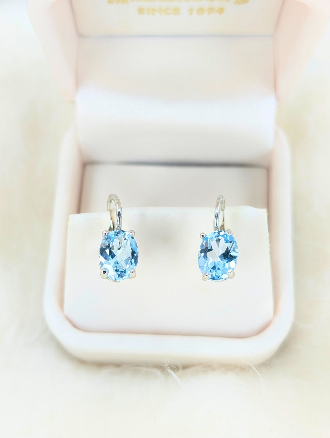 Elegant 18k White Gold Blue Topaz Leverback Earrings