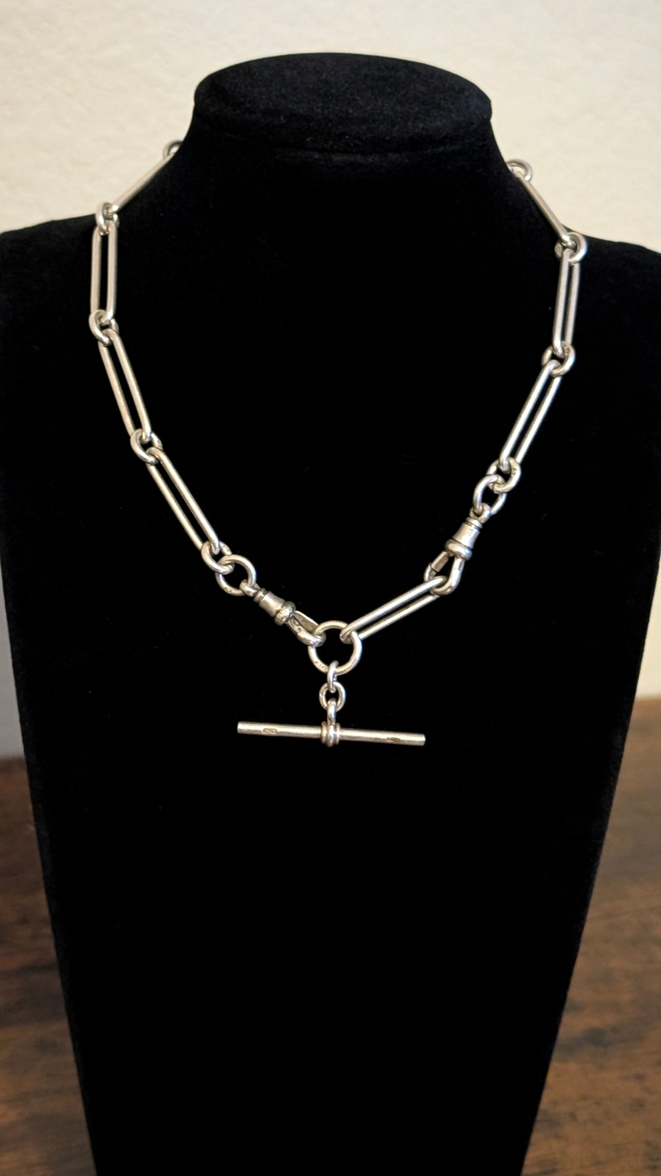 Antique Sterling Silver Trombone Link Albert Chain Necklace, Birmingham 1921