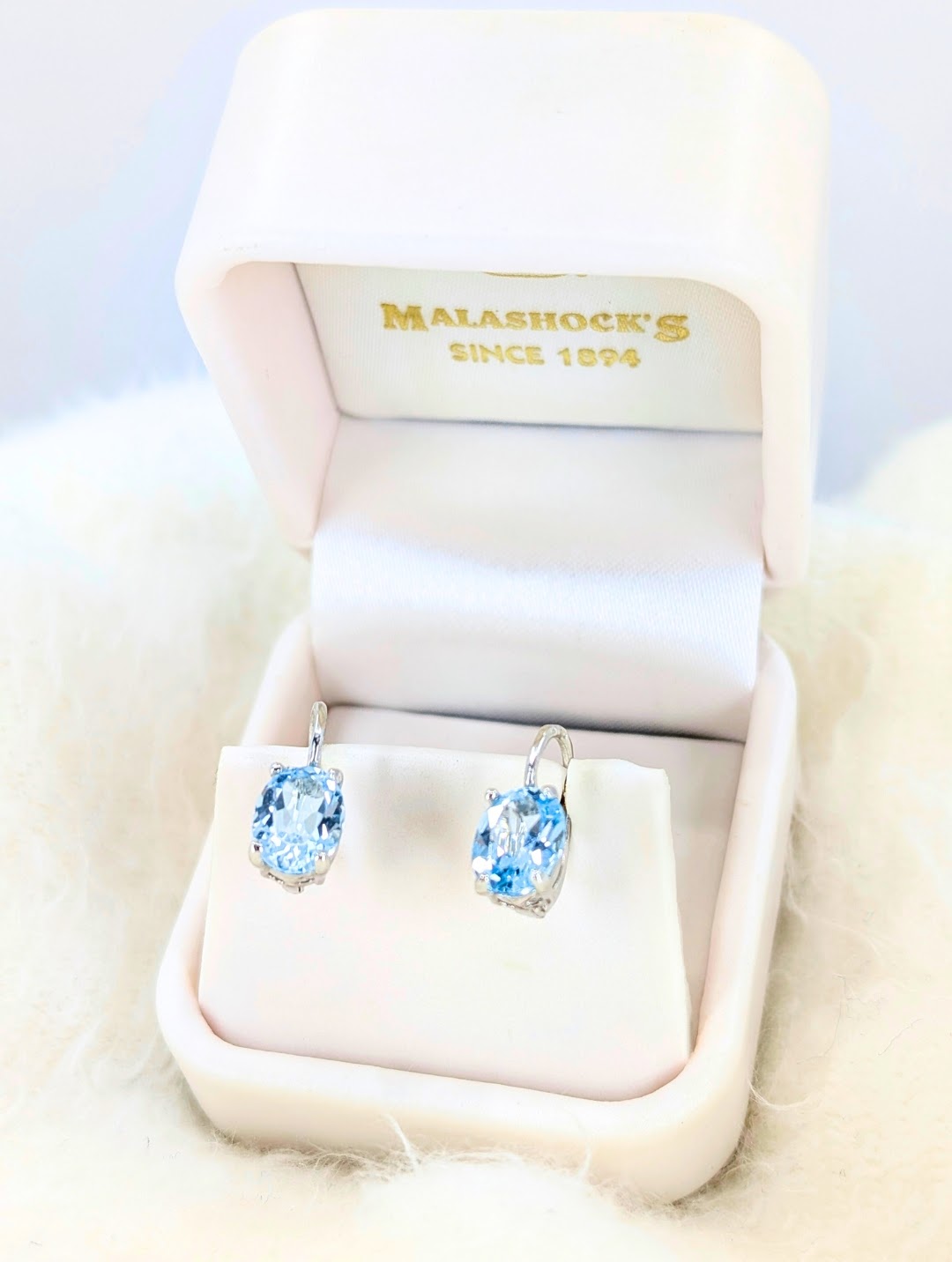 Elegant 18k White Gold Blue Topaz Leverback Earrings