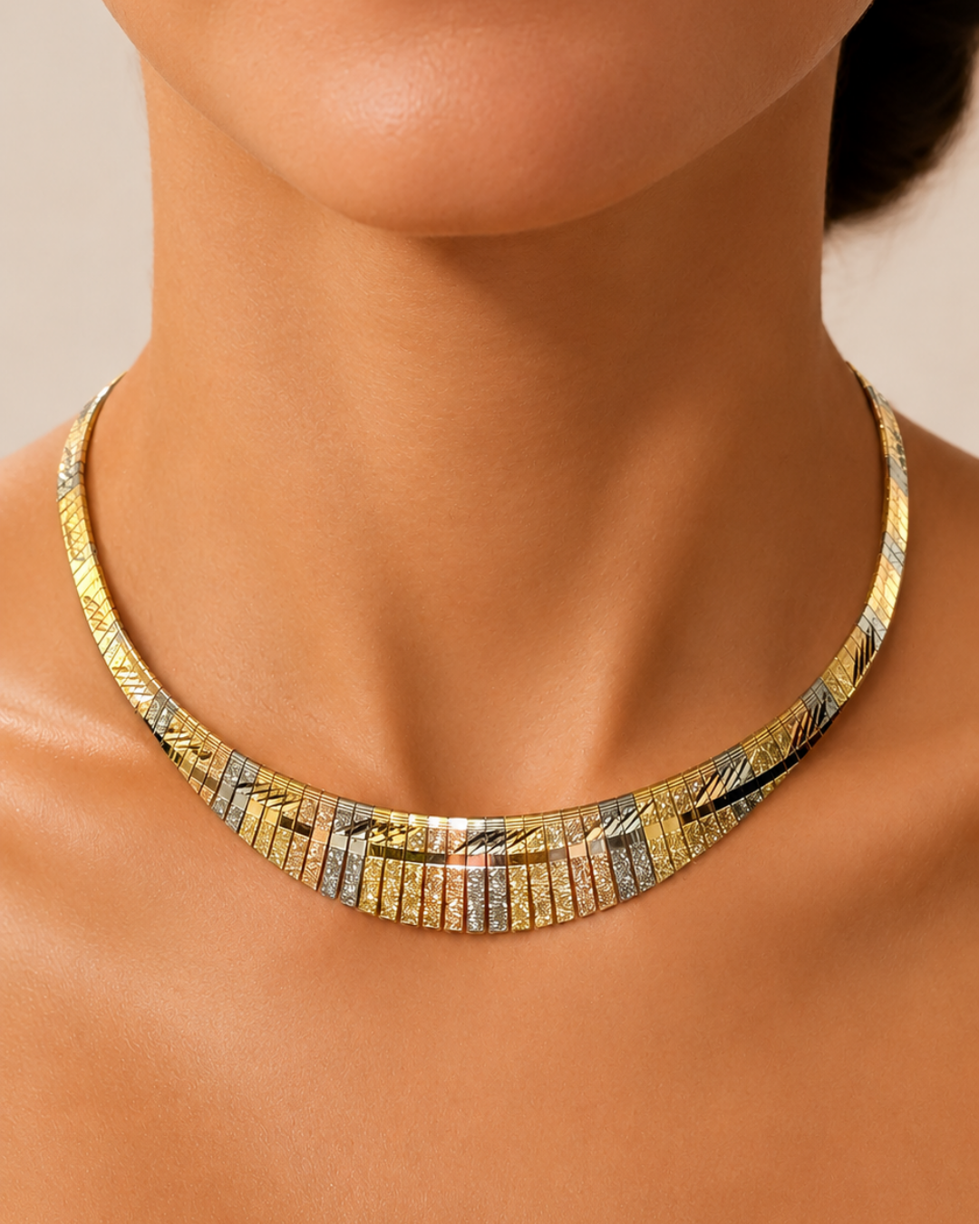 18K tri-tone gold Cleopatra collar necklace worn at neckline, bold vintage gold statement