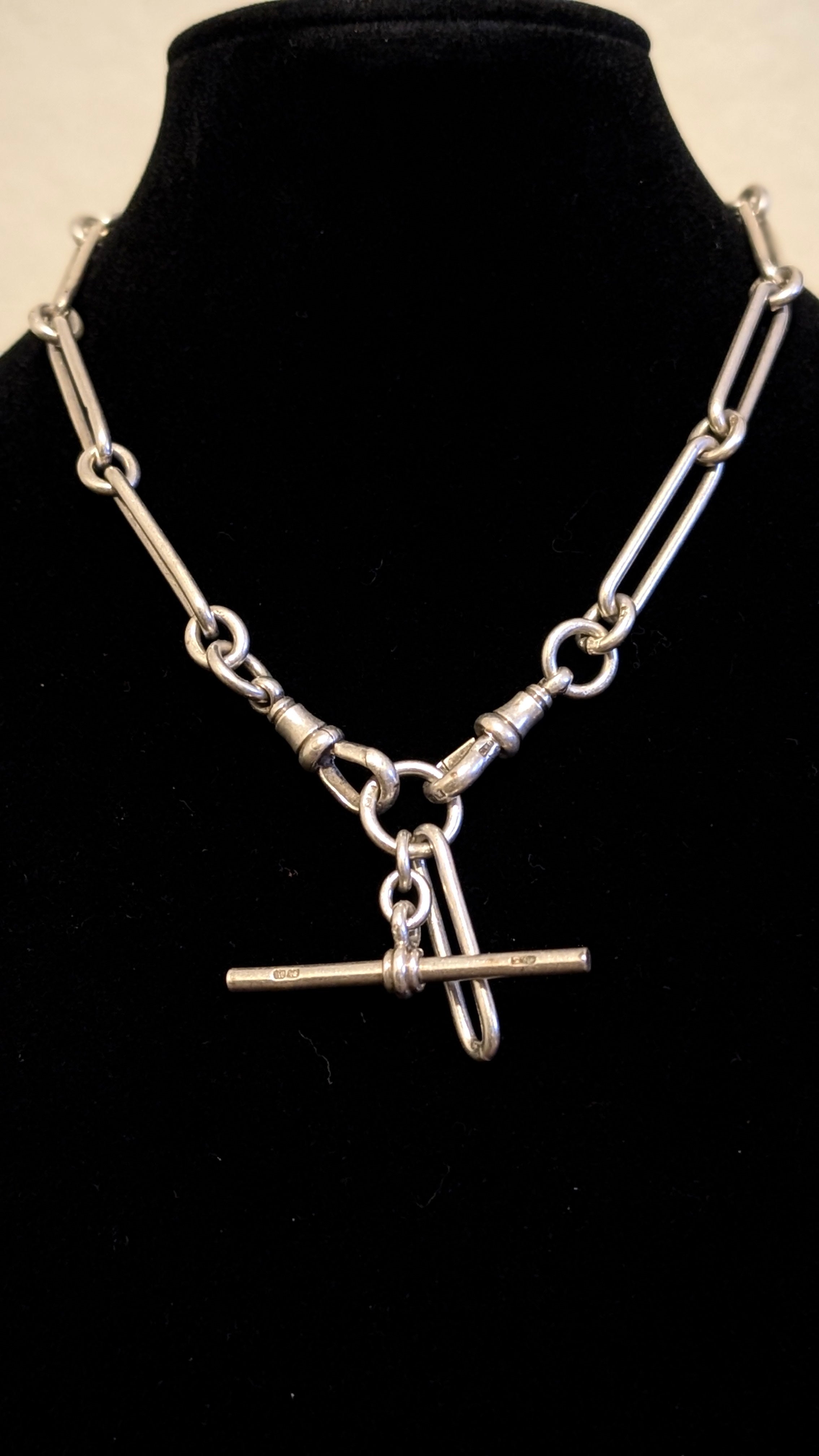 Antique Sterling Silver Trombone Link Albert Chain Necklace, Birmingham 1921