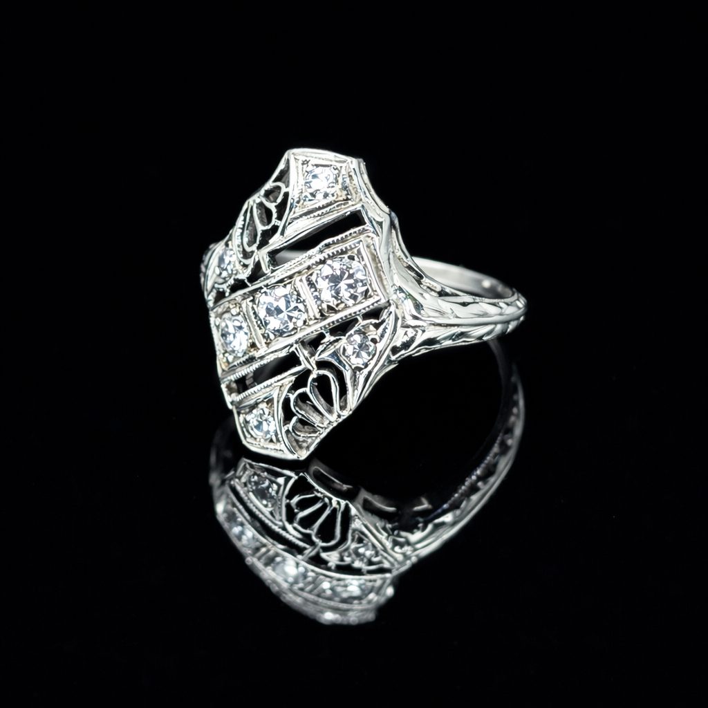 18K Art Deco Filigree Diamond Shield Engagement Ring