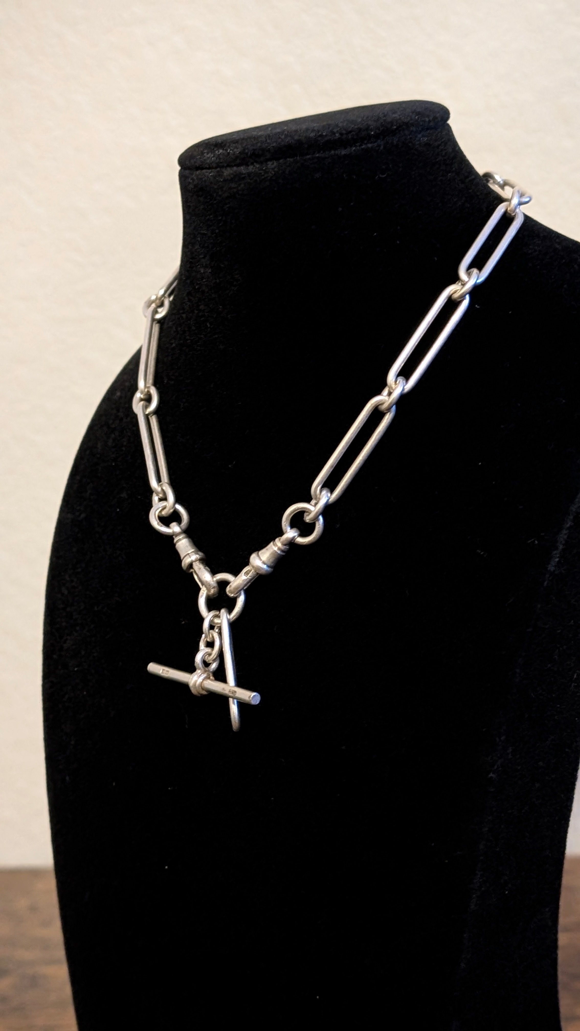 Antique Sterling Silver Trombone Link Albert Chain Necklace, Birmingham 1921