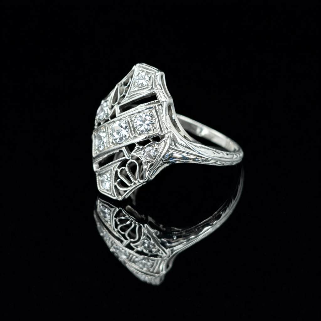 18K Art Deco Filigree Diamond Shield Engagement Ring