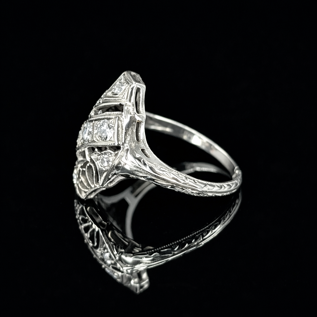 18K Art Deco Filigree Diamond Shield Engagement Ring
