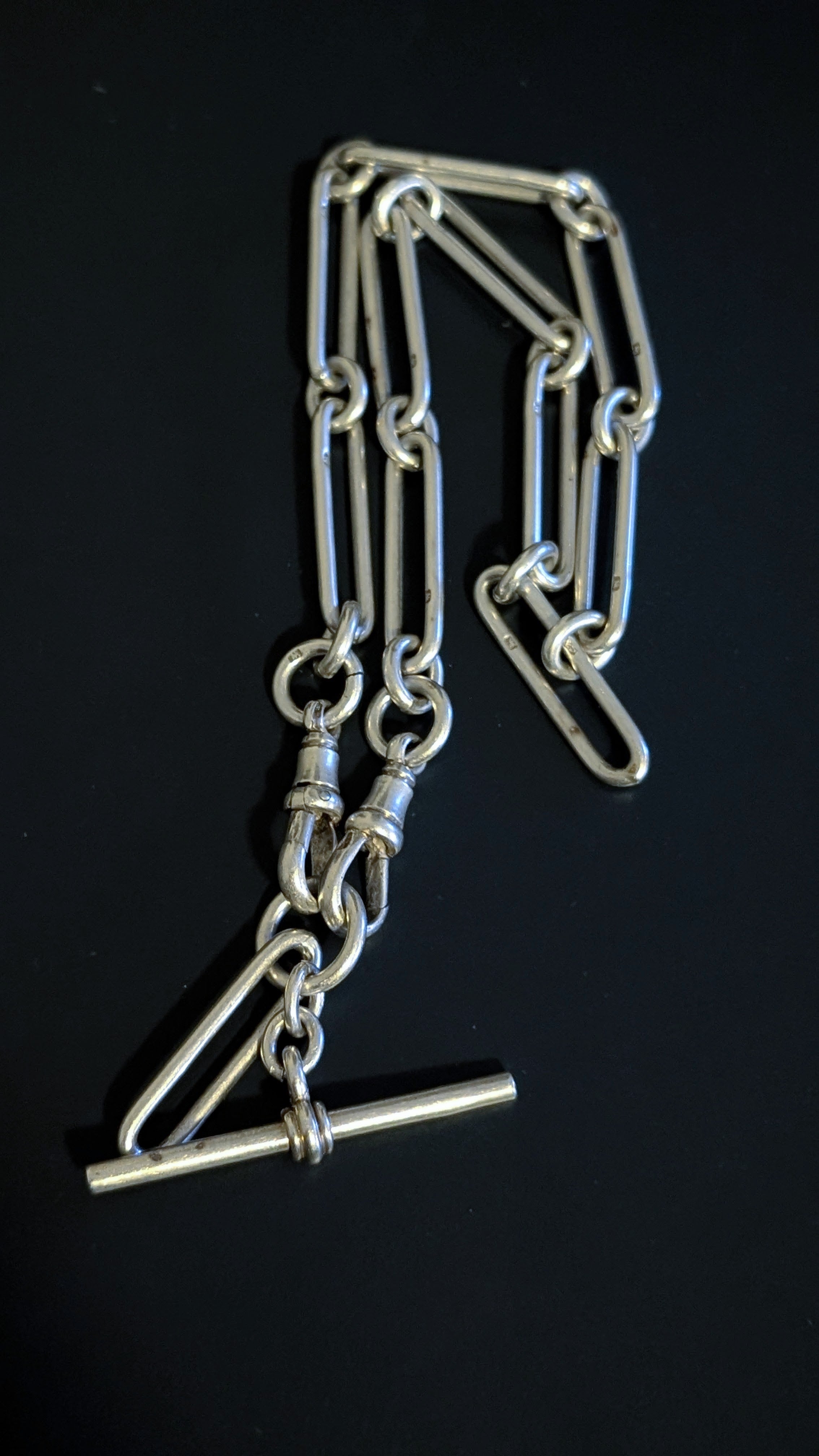 Antique Sterling Silver Trombone Link Albert Chain Necklace, Birmingham 1921