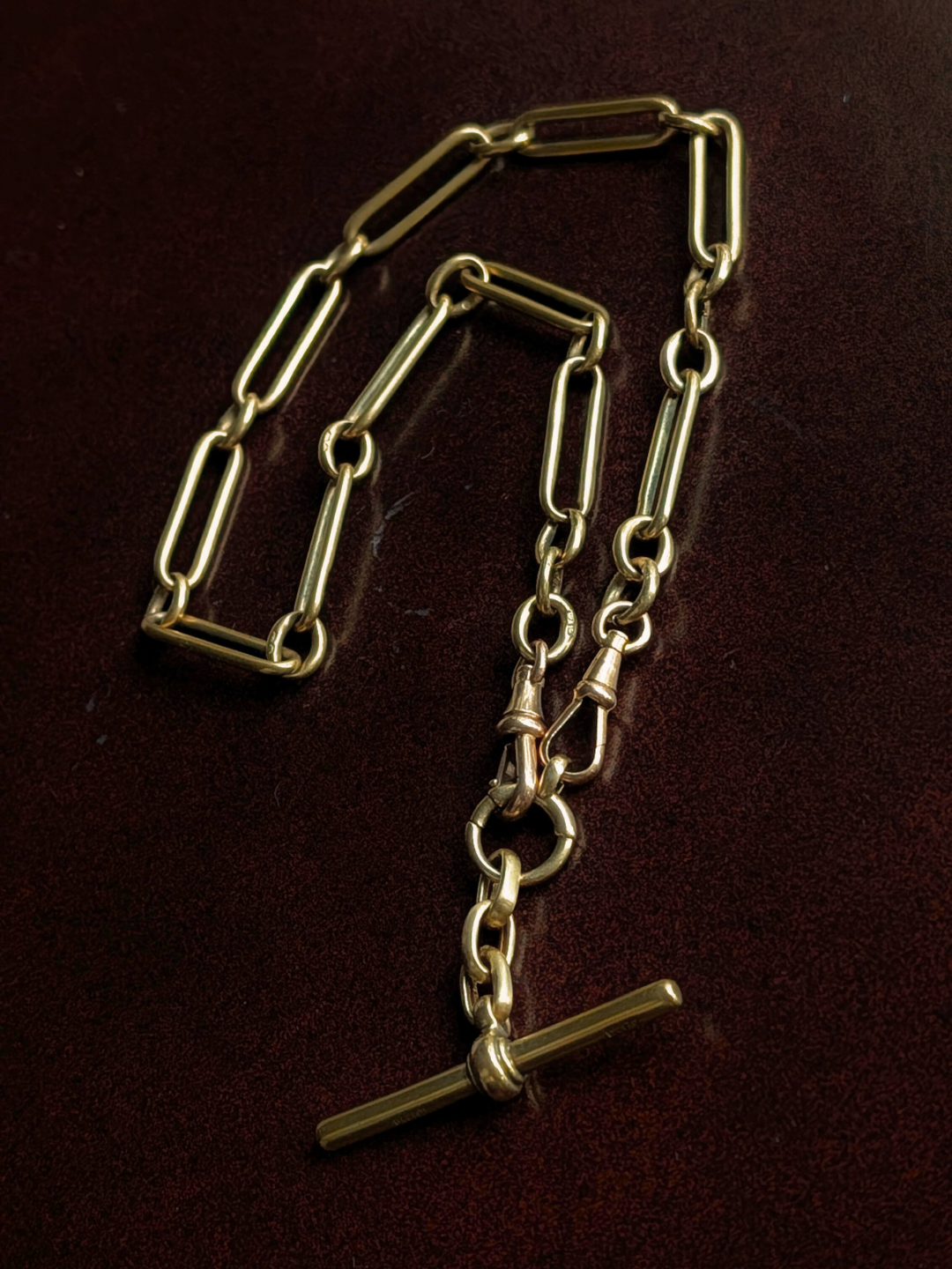 Antique 18K Yellow Gold Trombone Albert Chain with Double Dog Clips & Oversized Bolt Ring