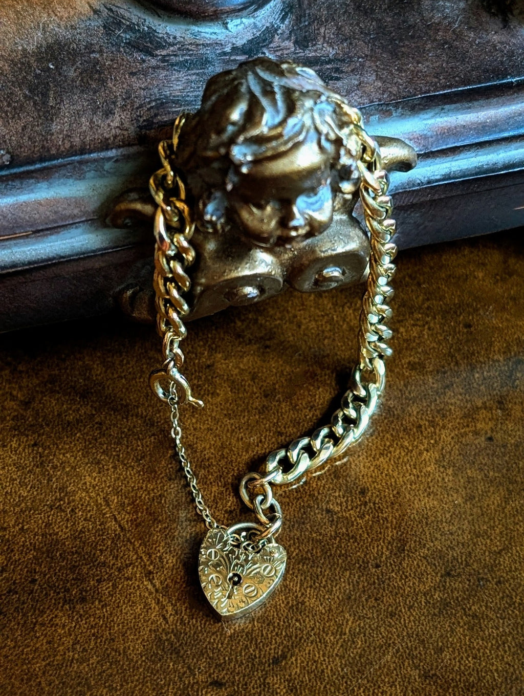 Victorian 9k Gold Curb Bracelet with Engraved Heart Padlock