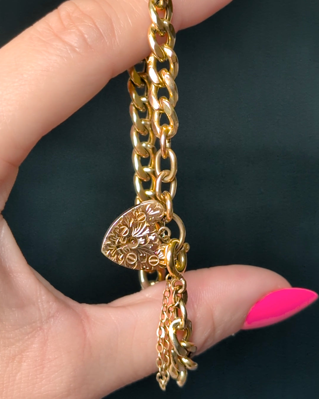 Victorian 9k Gold Curb Bracelet with Engraved Heart Padlock