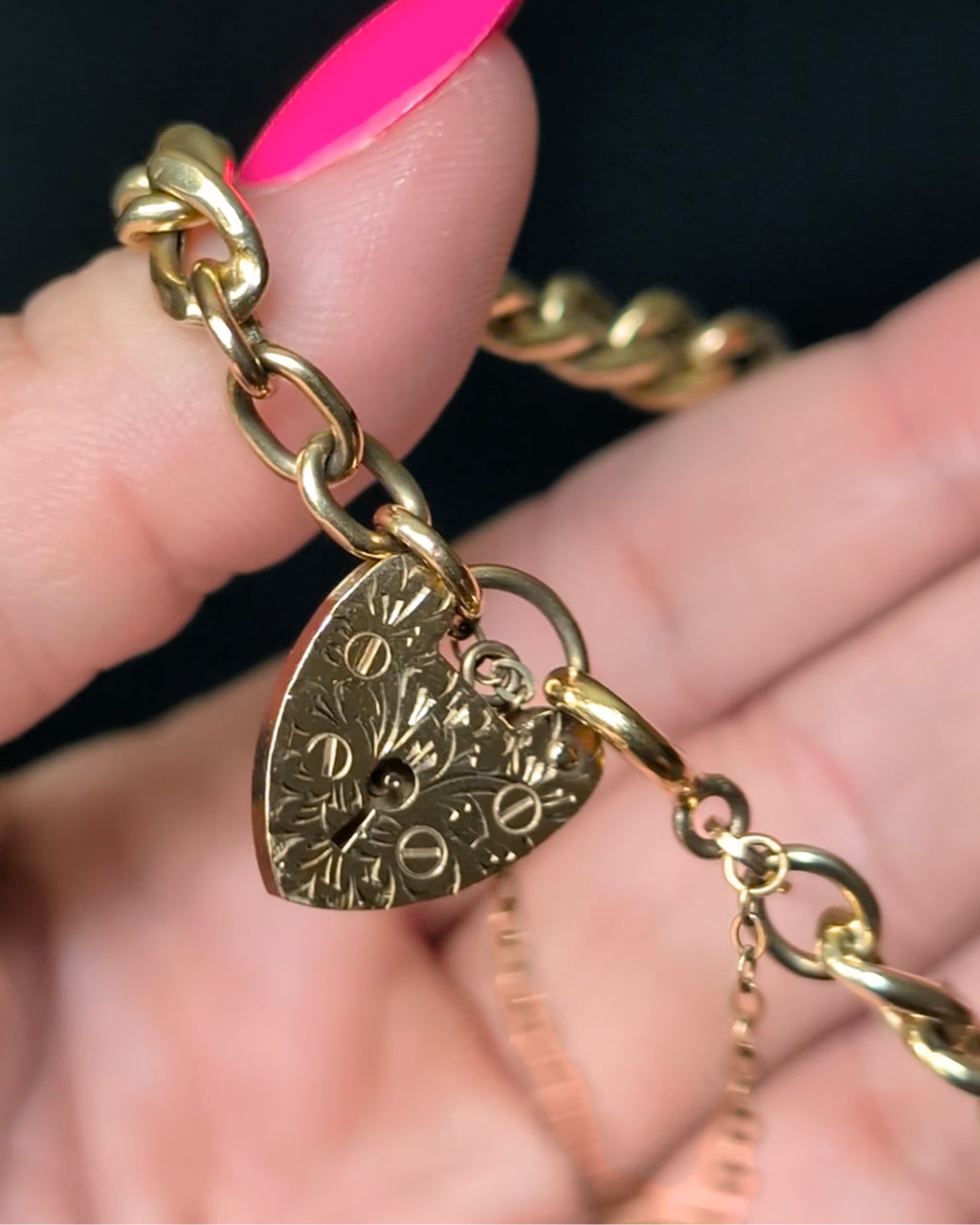 Victorian 9k Gold Curb Bracelet with Engraved Heart Padlock