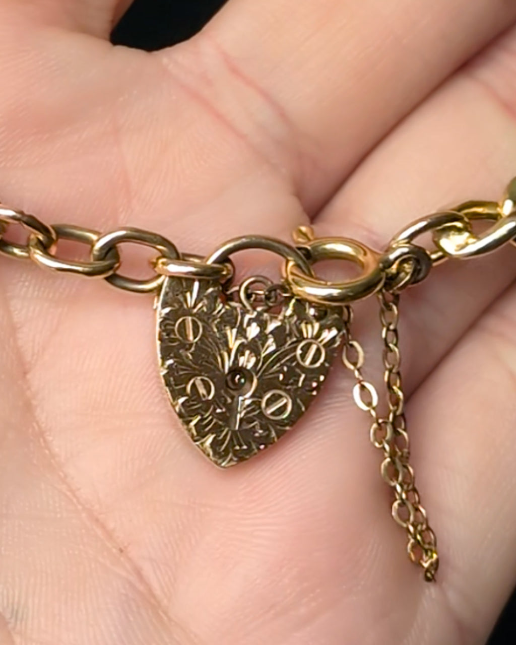 Victorian 9k Gold Curb Bracelet with Engraved Heart Padlock