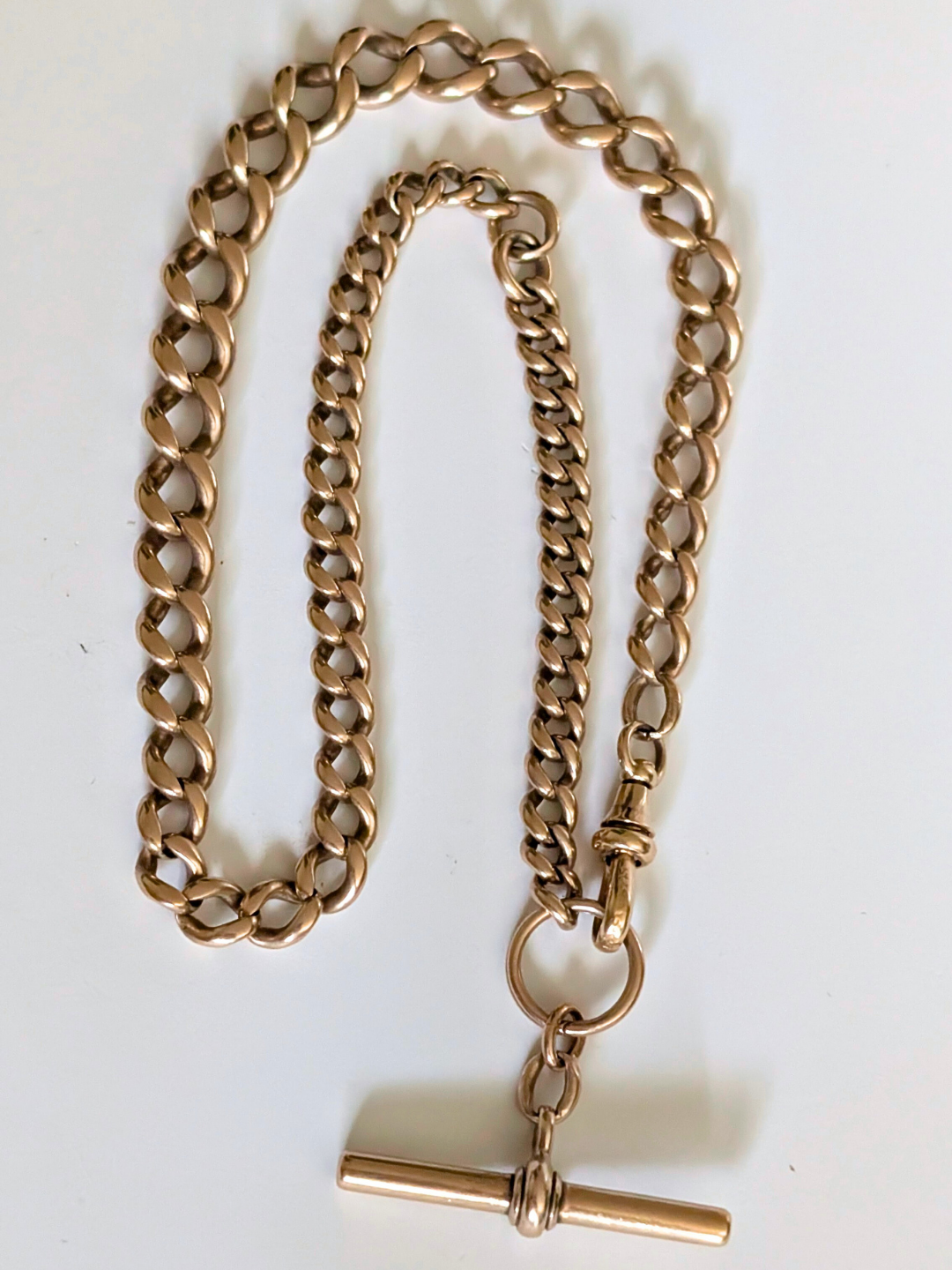 Antique 9ct Gold Graduated Curb Link Albert Chain with T-Bar and Split Ring