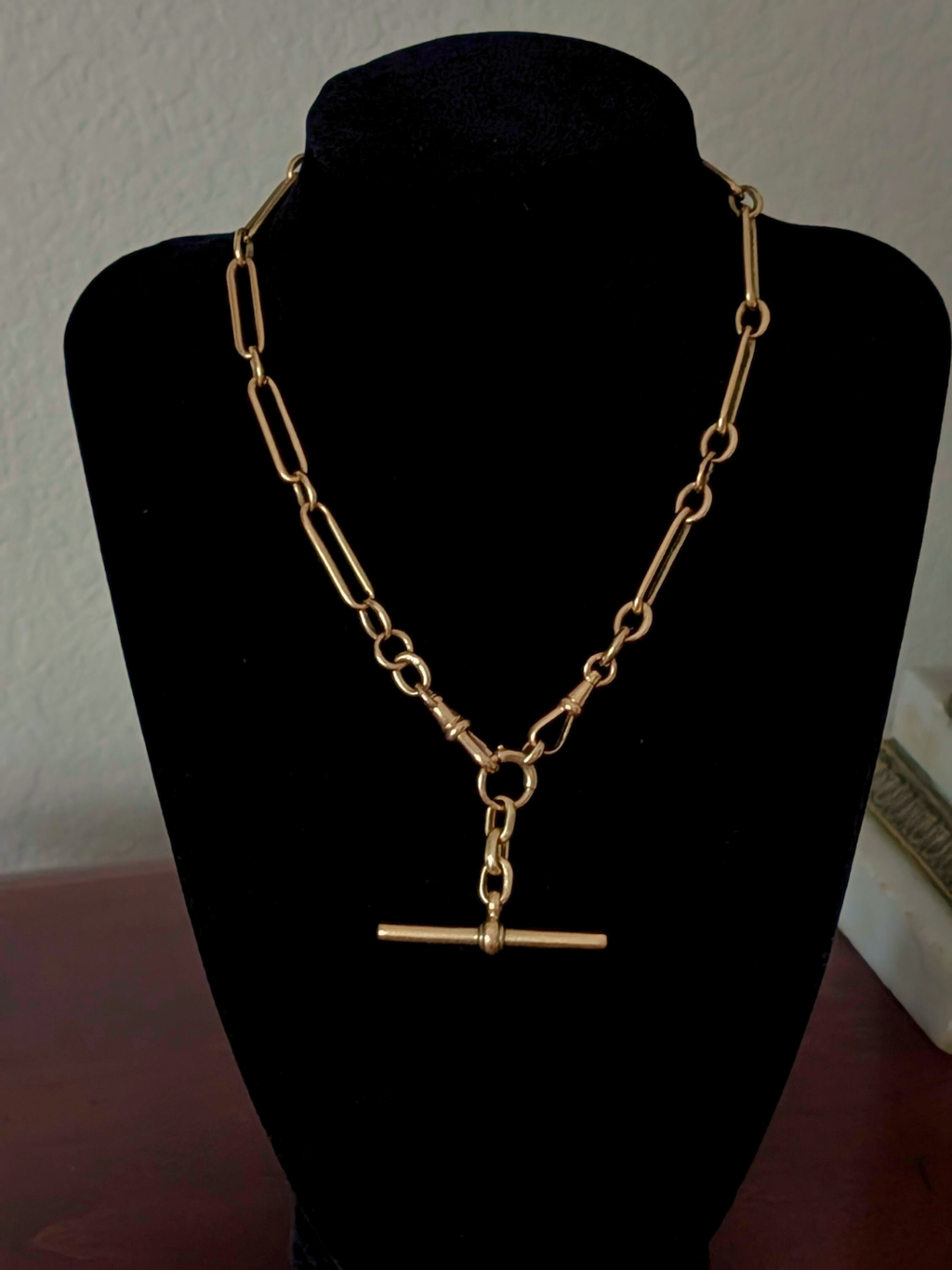 Antique 18k Trombone Watch Chain with two dog clips, an oversized bolt clasp, and t-bar