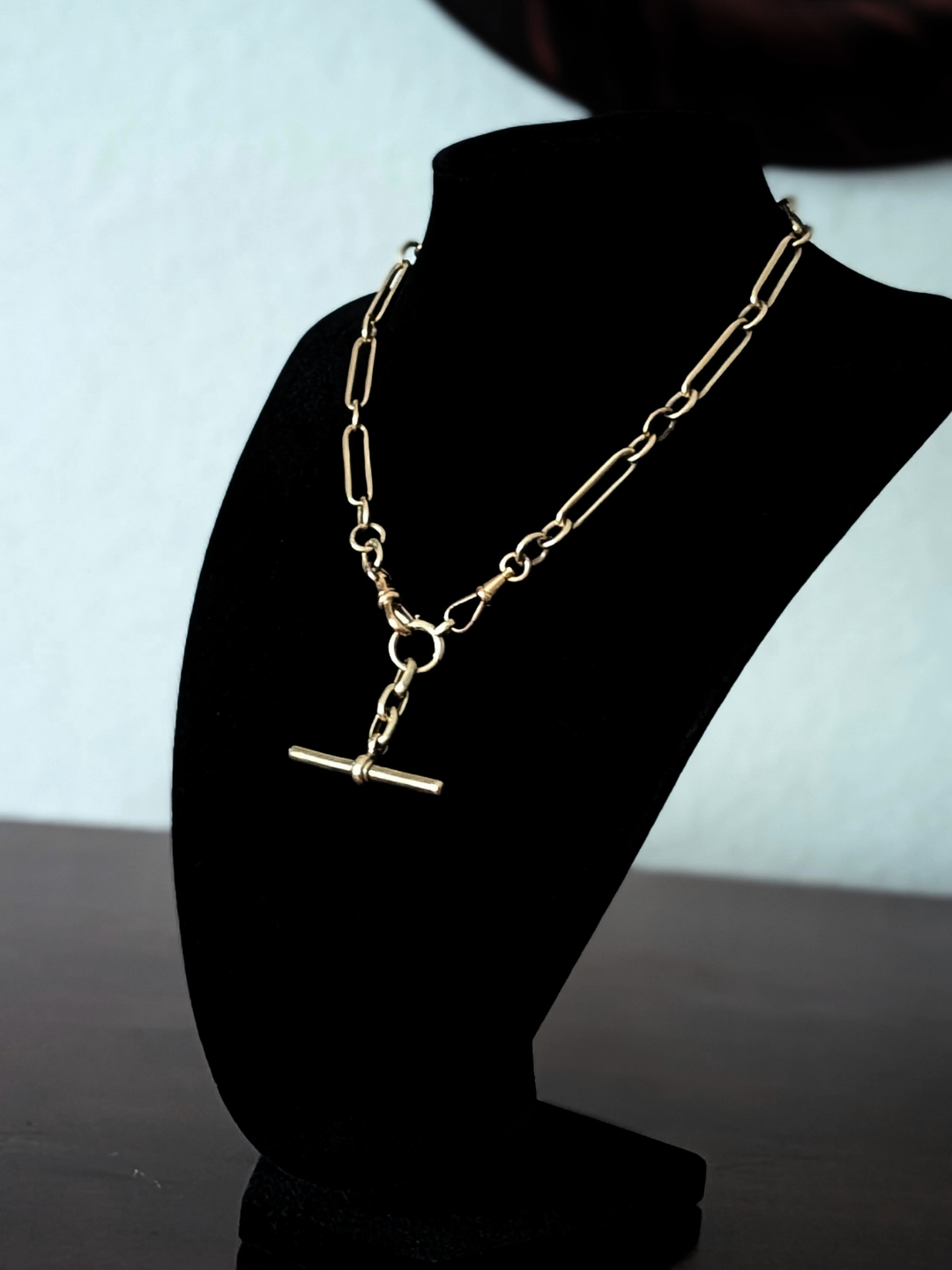 Antique 18K Yellow Gold Trombone Albert Chain with Double Dog Clips & Oversized Bolt Ring