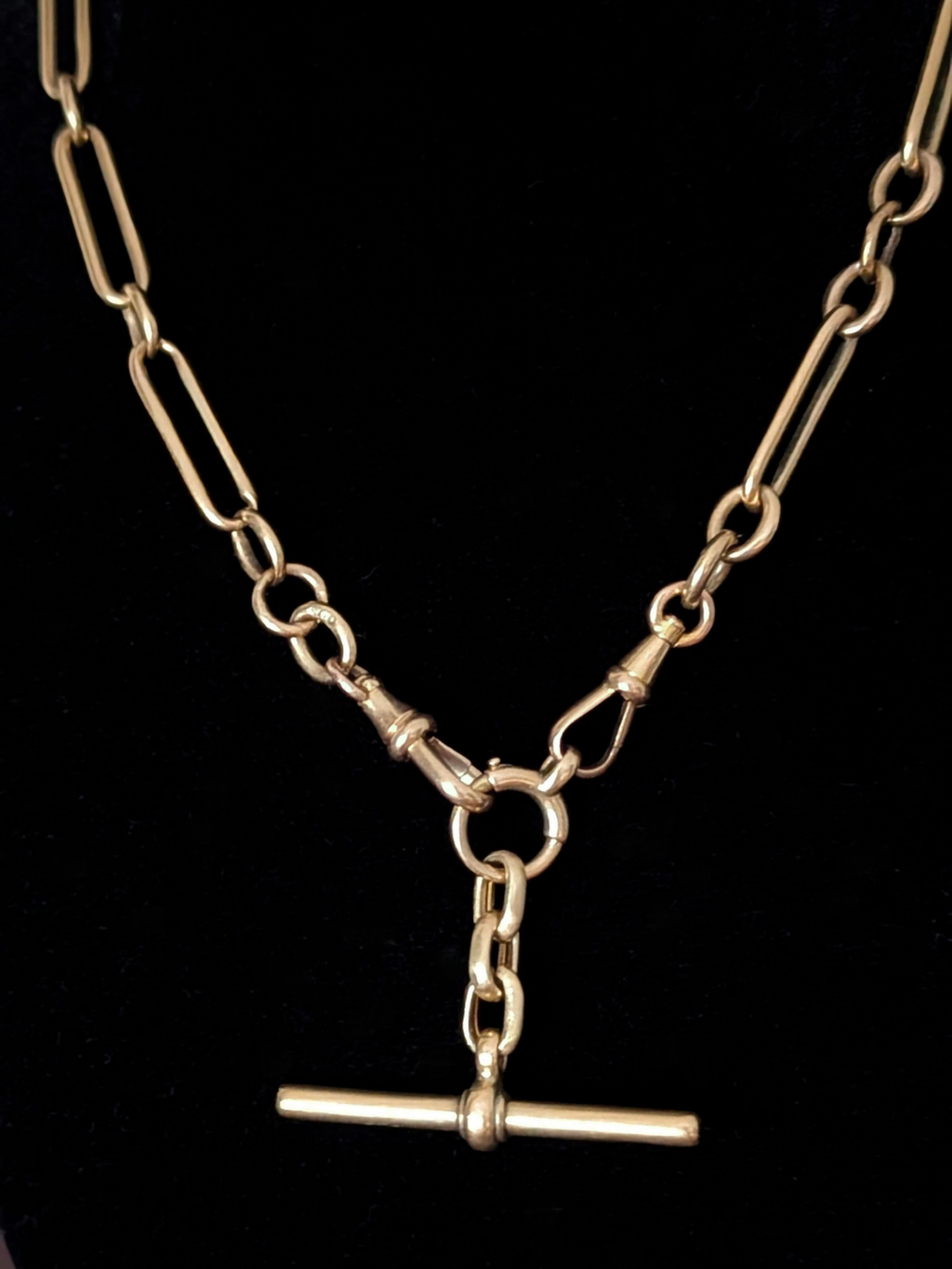 Antique 18K Yellow Gold Trombone Albert Chain with Double Dog Clips & Oversized Bolt Ring