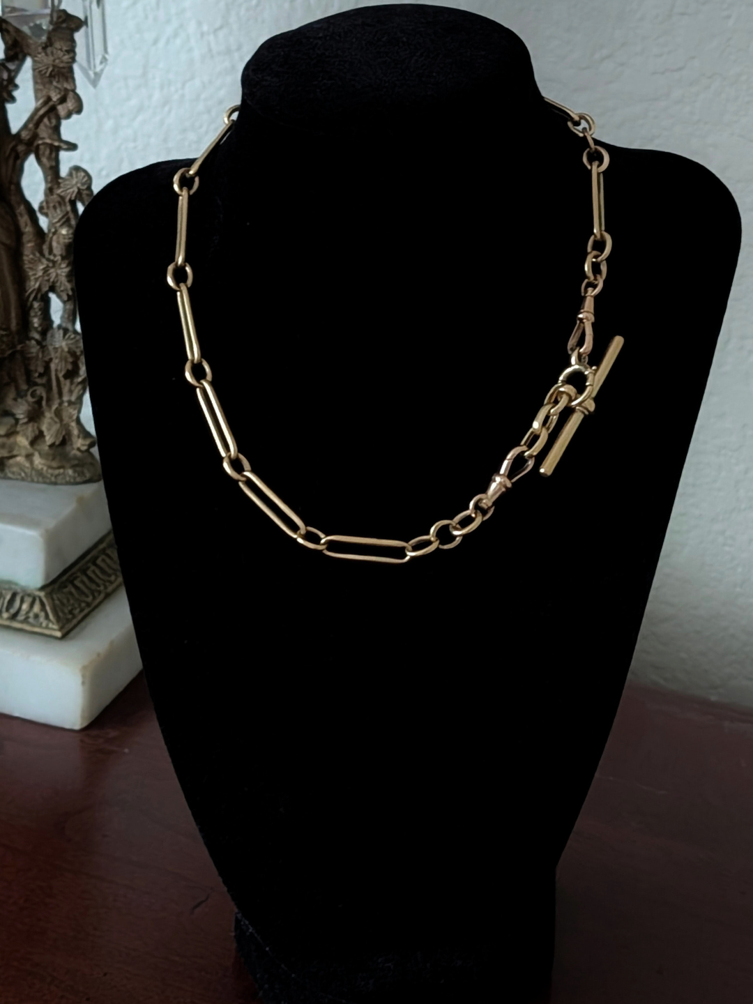 Antique 18K Yellow Gold Trombone Albert Chain with Double Dog Clips & Oversized Bolt Ring