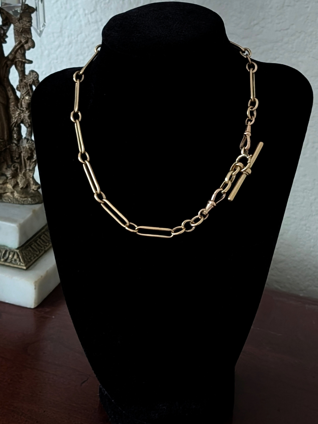 Antique 18K Yellow Gold Trombone Albert Chain with Double Dog Clips & Oversized Bolt Ring