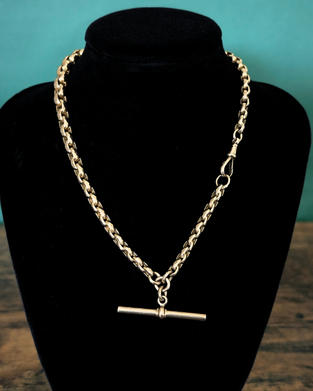 Gold Albert watch chain necklace with a dog clip on a black bust against a teal background