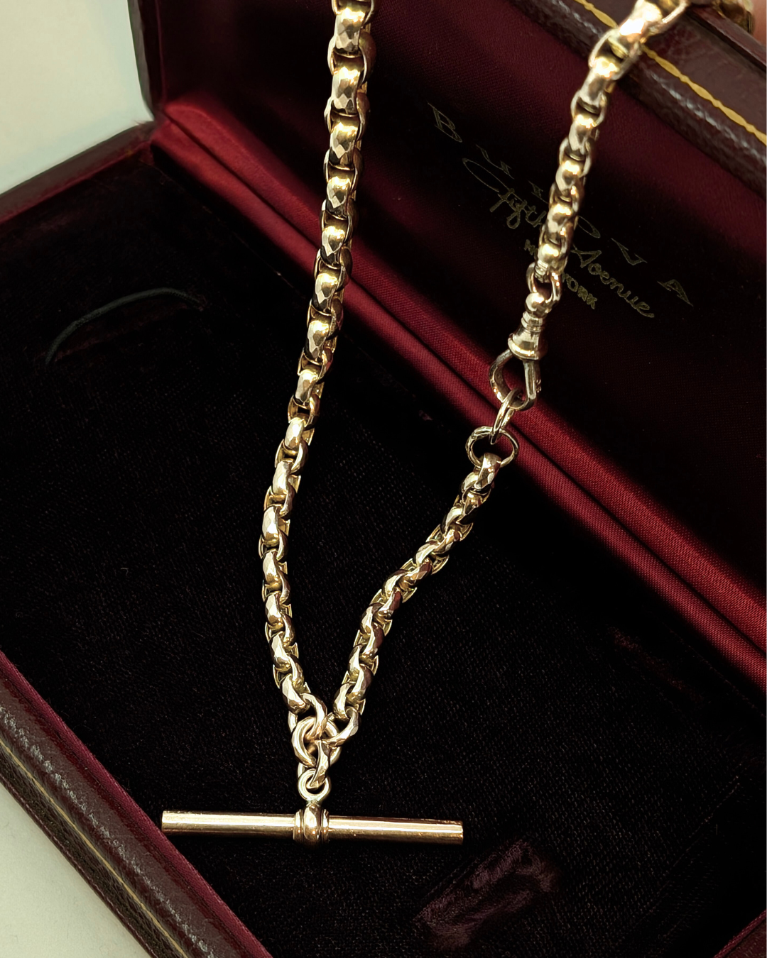 Antique Yellow Gold Belcher Link Albert Watch Chain with T-Bar