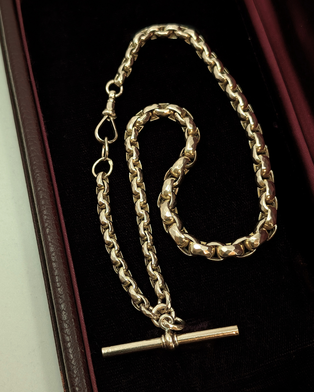 Antique Yellow Gold Belcher Link Albert Watch Chain with T-Bar