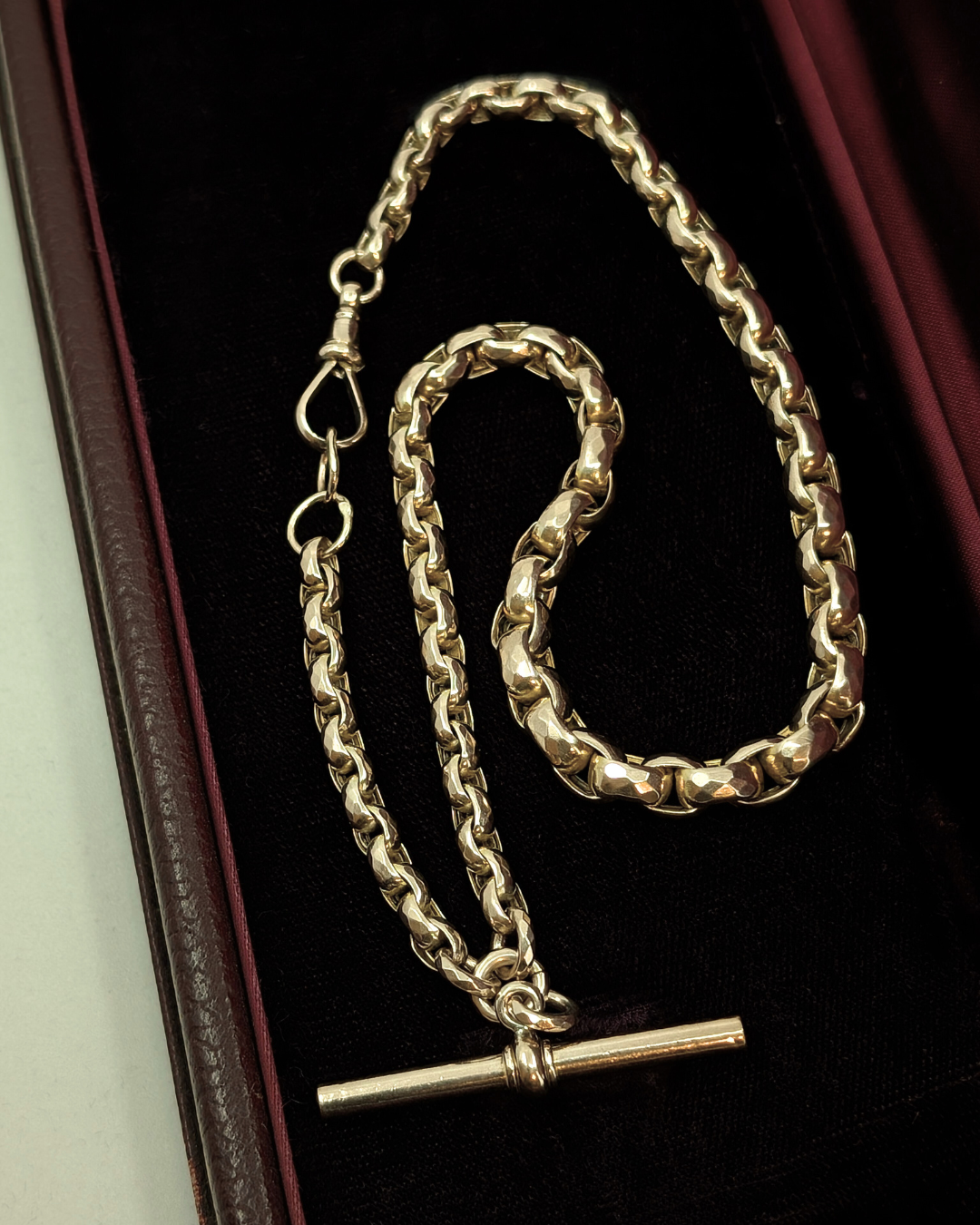 Antique Yellow Gold Belcher Link Albert Watch Chain with T-Bar