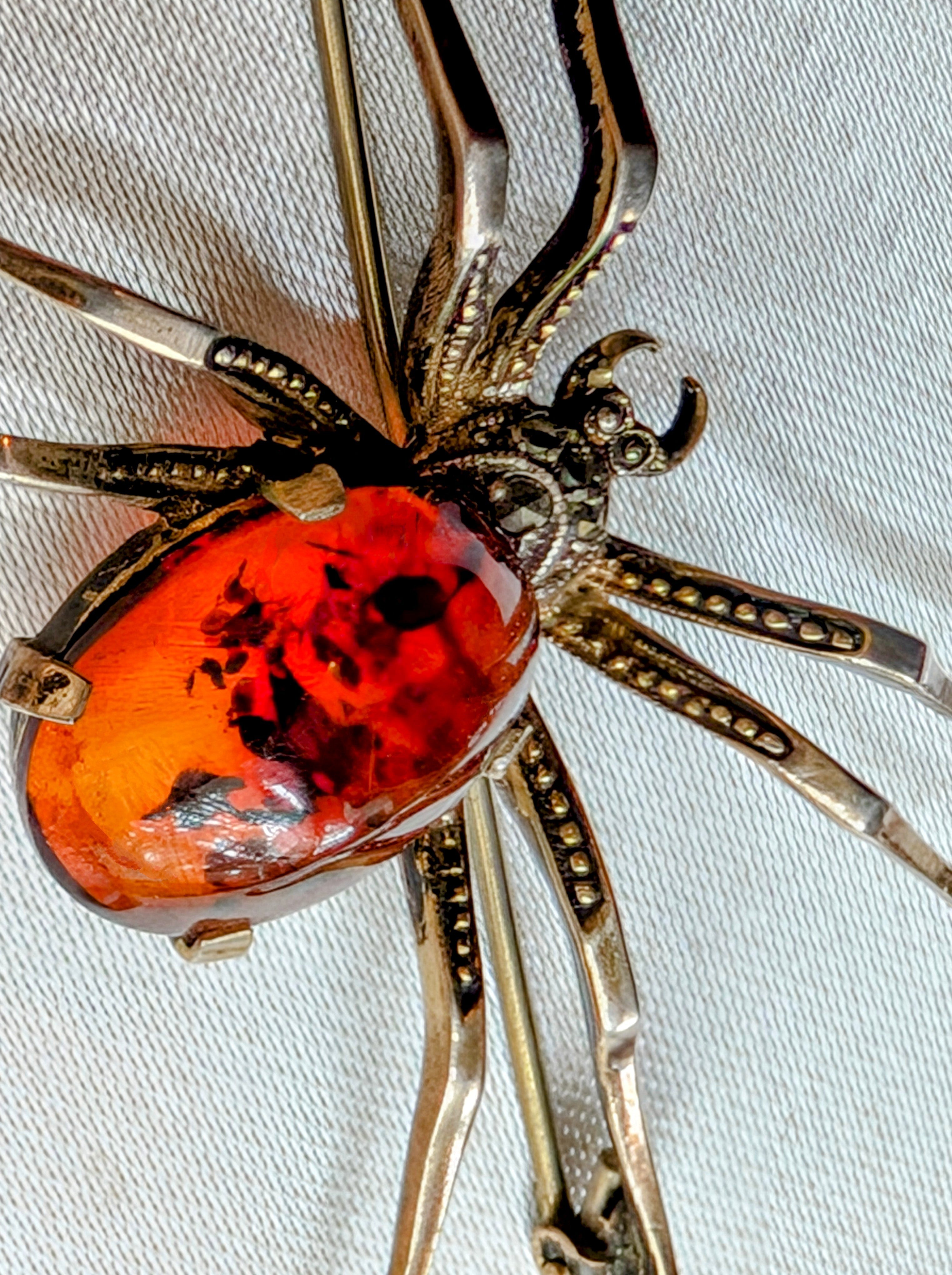 Vintage Sterling Silver Spider Brooch with Natural Amber and Marcasite