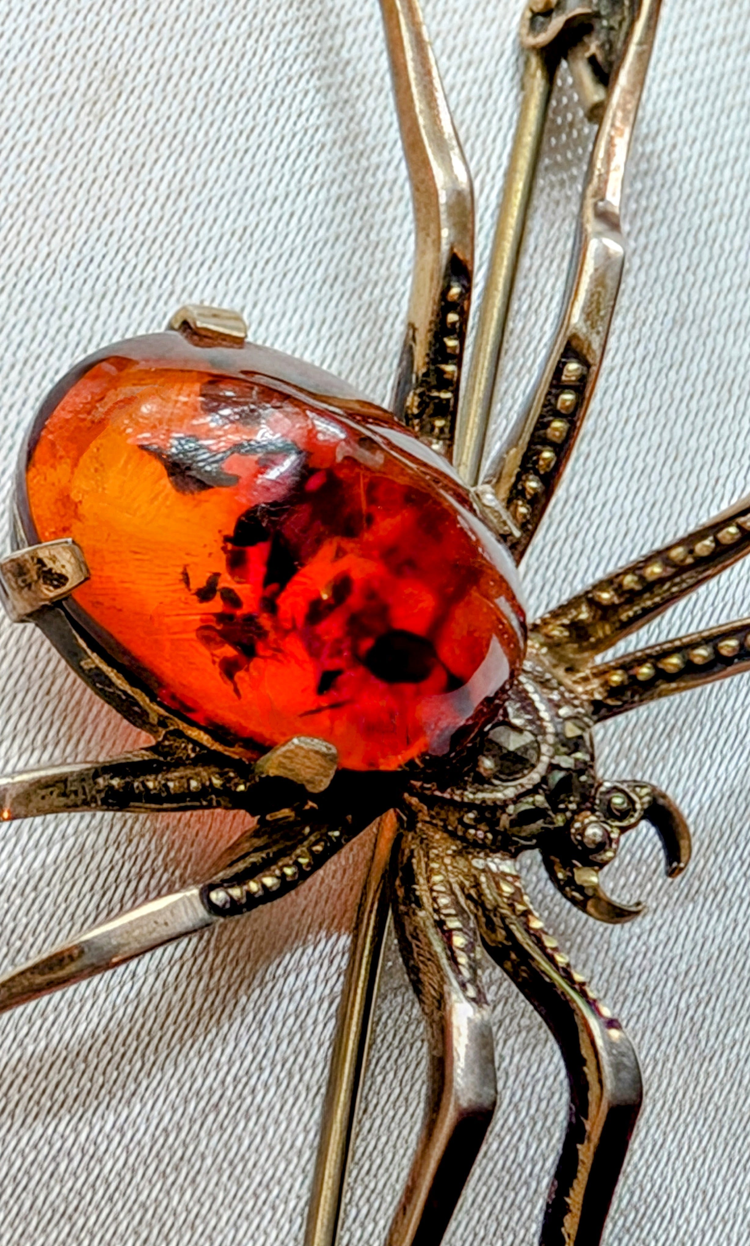 Vintage Sterling Silver Spider Brooch with Natural Amber and Marcasite