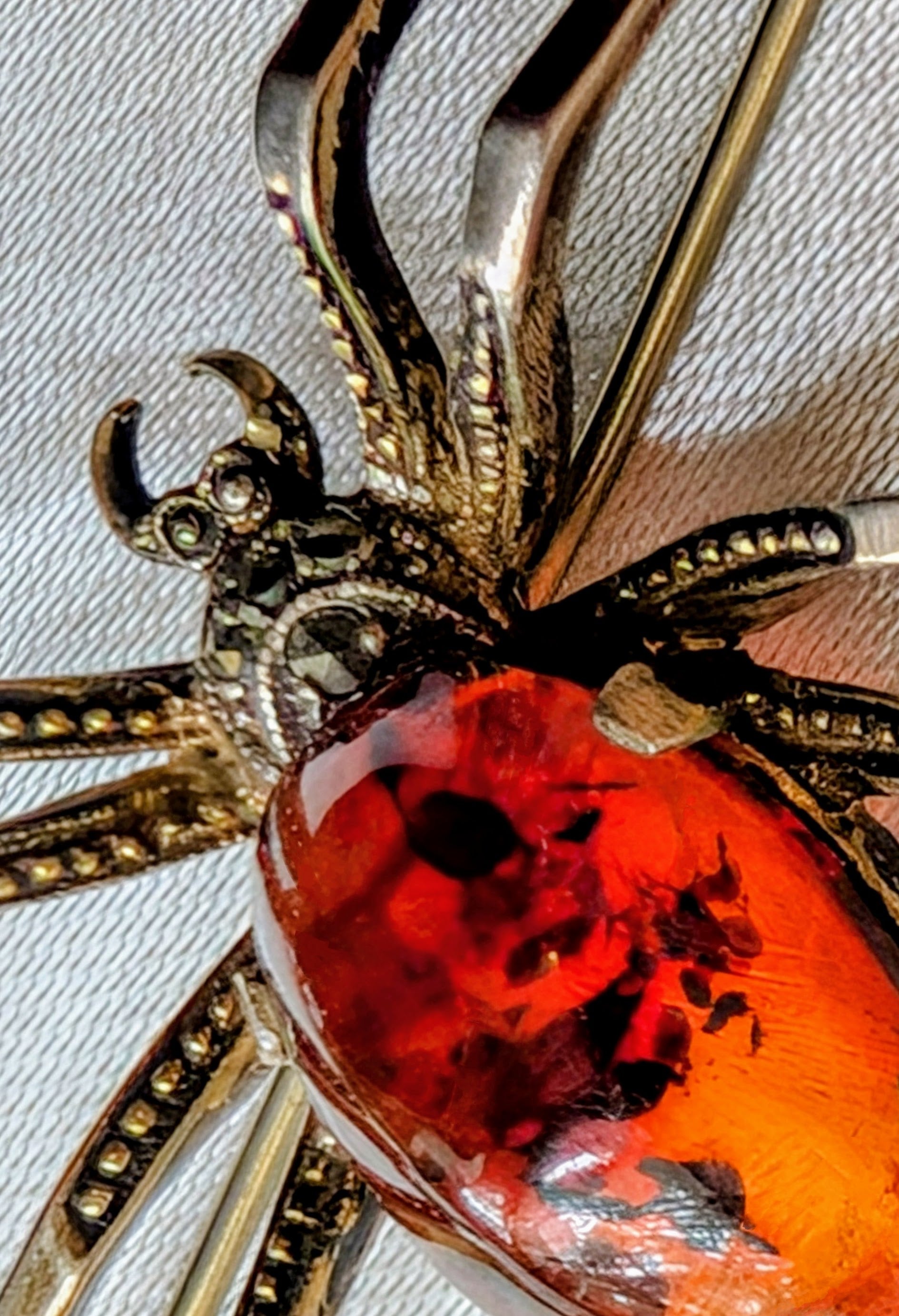 Vintage Sterling Silver Spider Brooch with Natural Amber and Marcasite