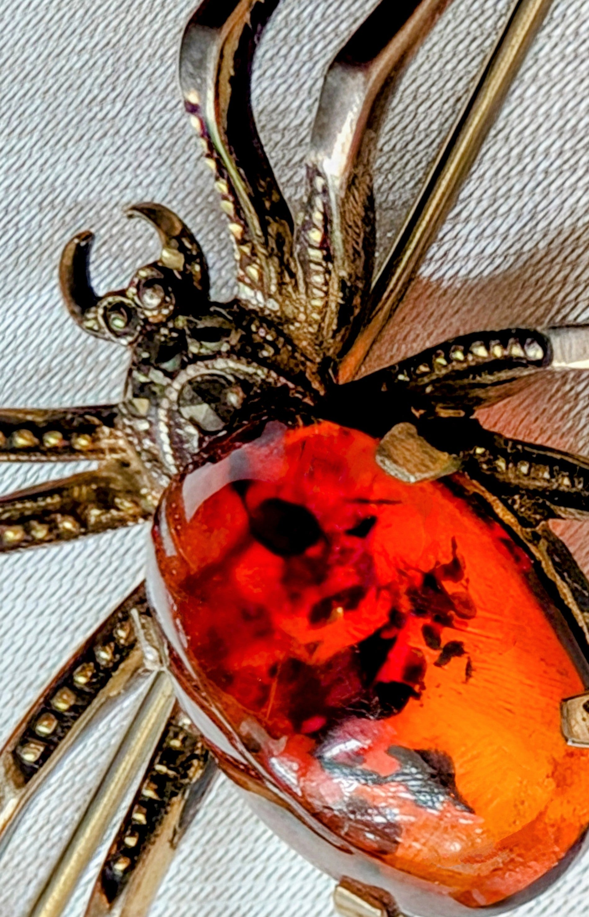 Vintage Sterling Silver Spider Brooch with Natural Amber and Marcasite