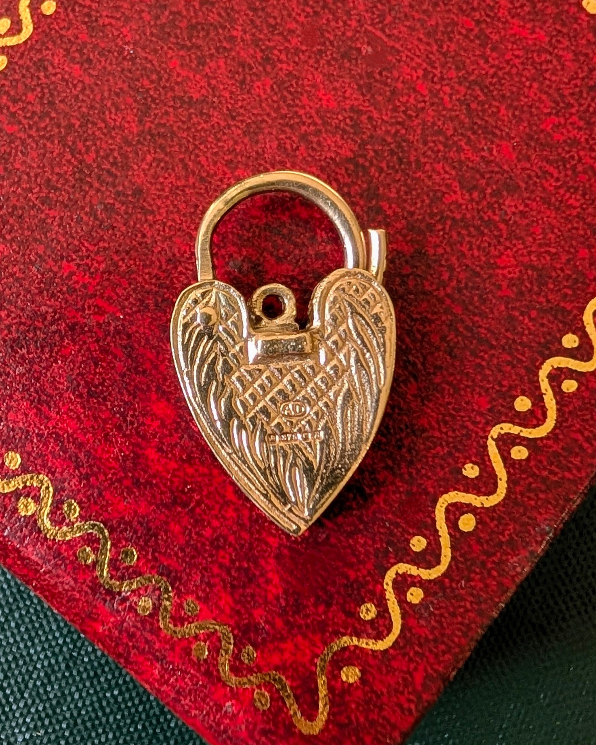 Antique Heart-Shaped Padlock with Angel Wing Etching