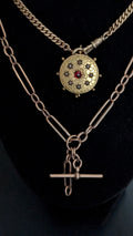 Trombone watch chain with a curb link Albert chain holding a marine style antique brooch