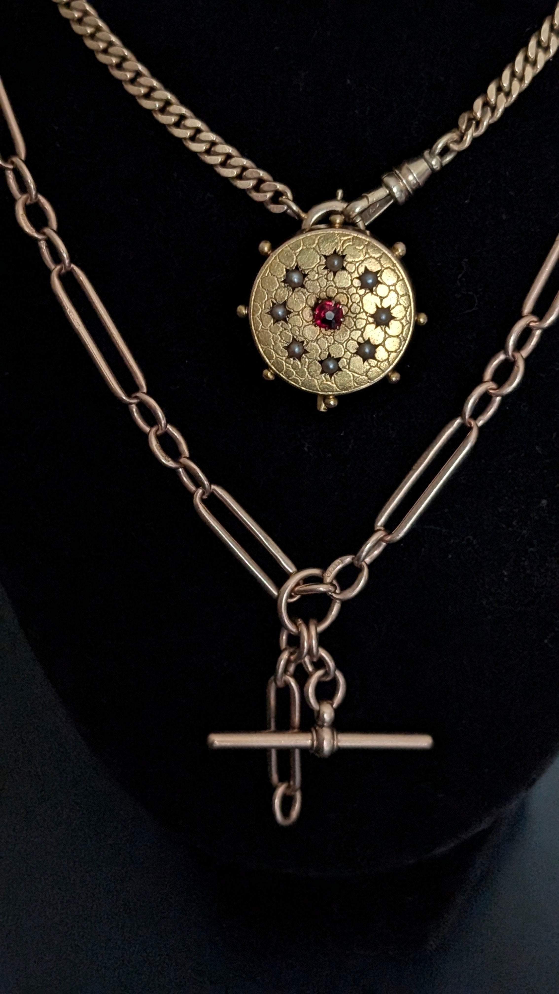 Trombone watch chain with a curb link Albert chain holding a marine style antique brooch