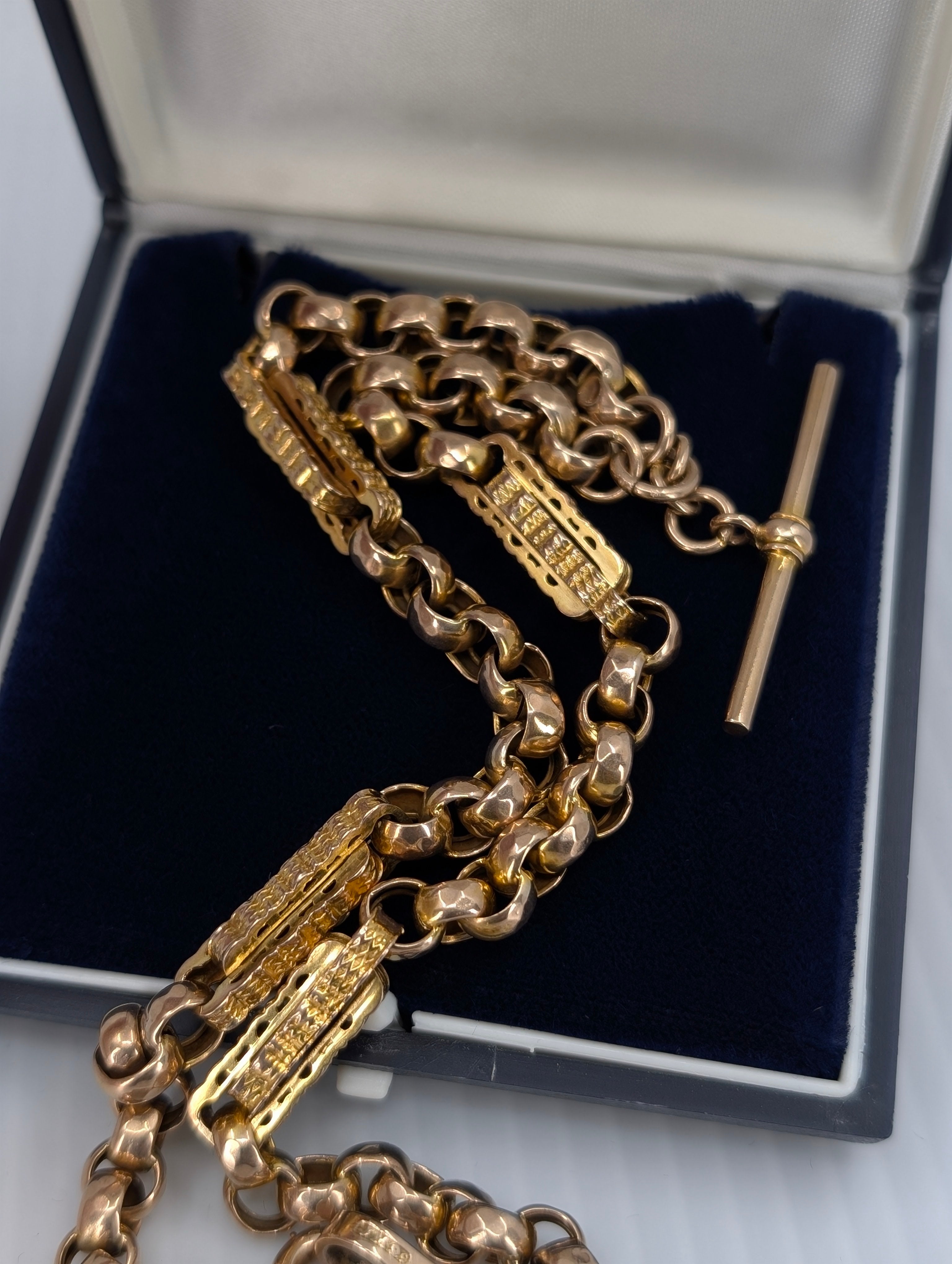 Unique Antique Chunky Star Link Watch Chain with Watch Fob Pendant - 9k Yellow Gold