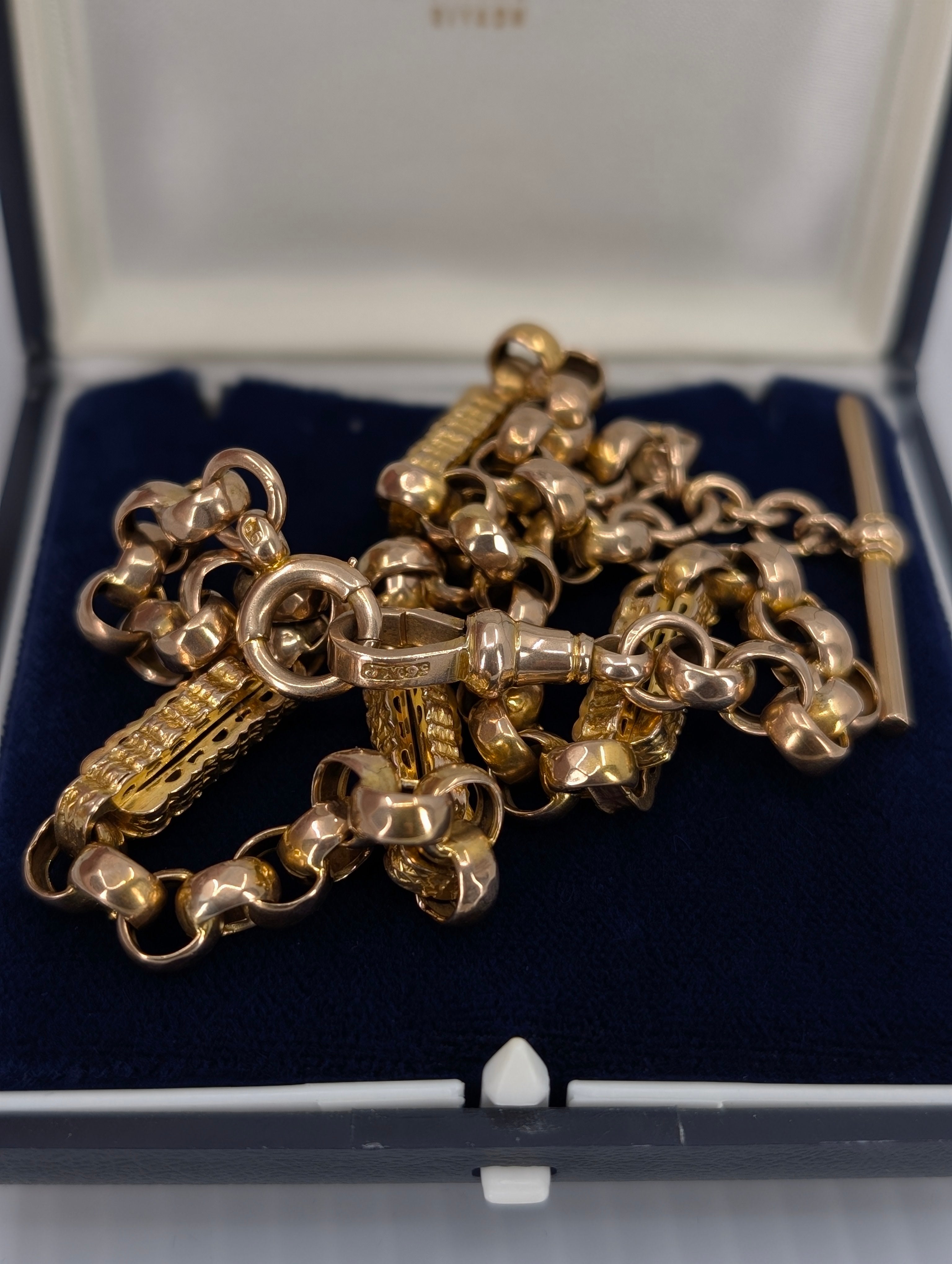 Unique Antique Chunky Star Link Watch Chain with Watch Fob Pendant - 9k Yellow Gold