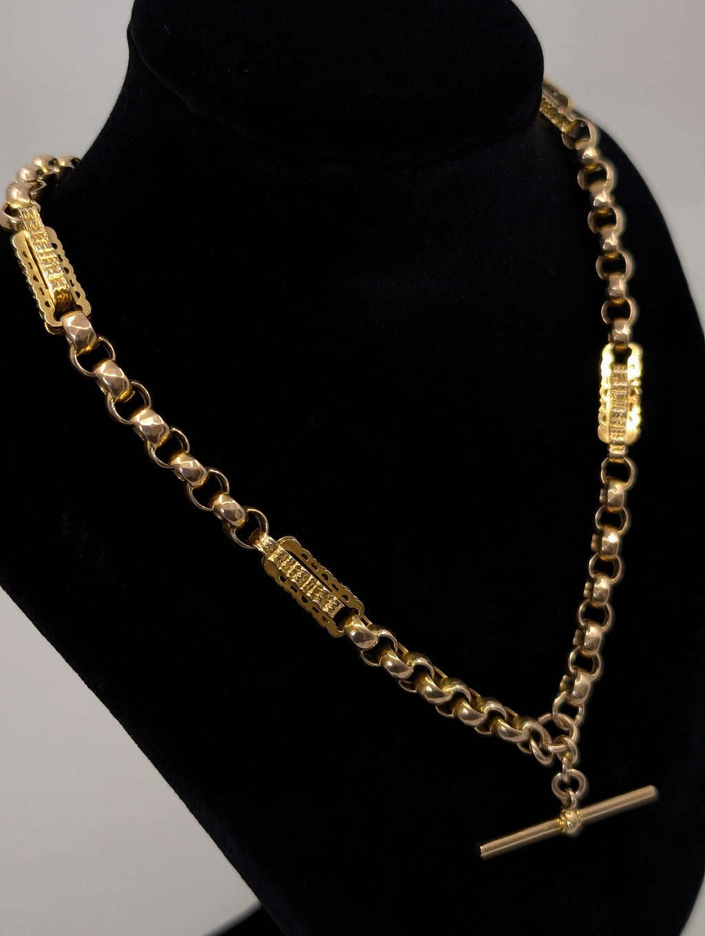 Unique Antique Chunky Star Link Watch Chain with Watch Fob Pendant - 9k Yellow Gold