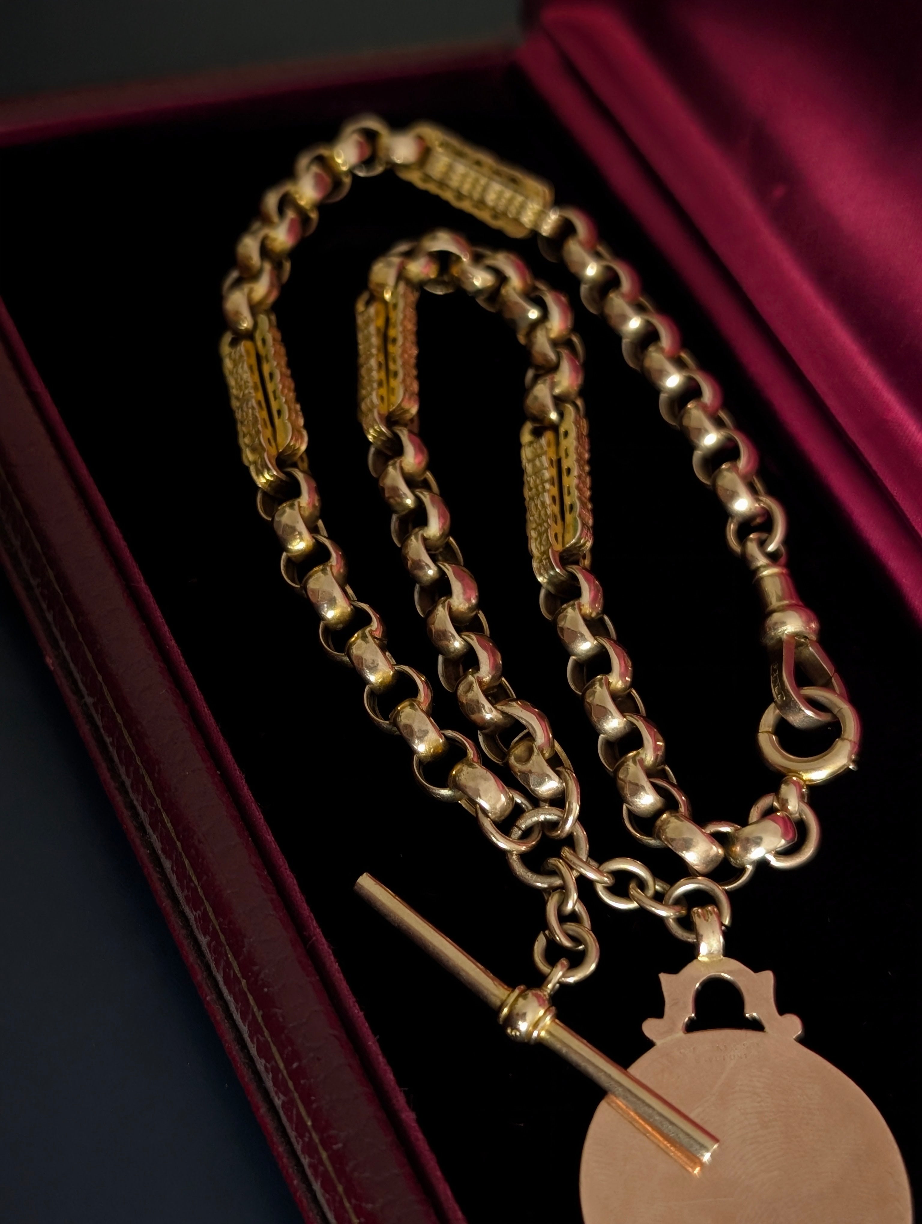 Unique Antique Chunky Star Link Watch Chain with Watch Fob Pendant - 9k Yellow Gold