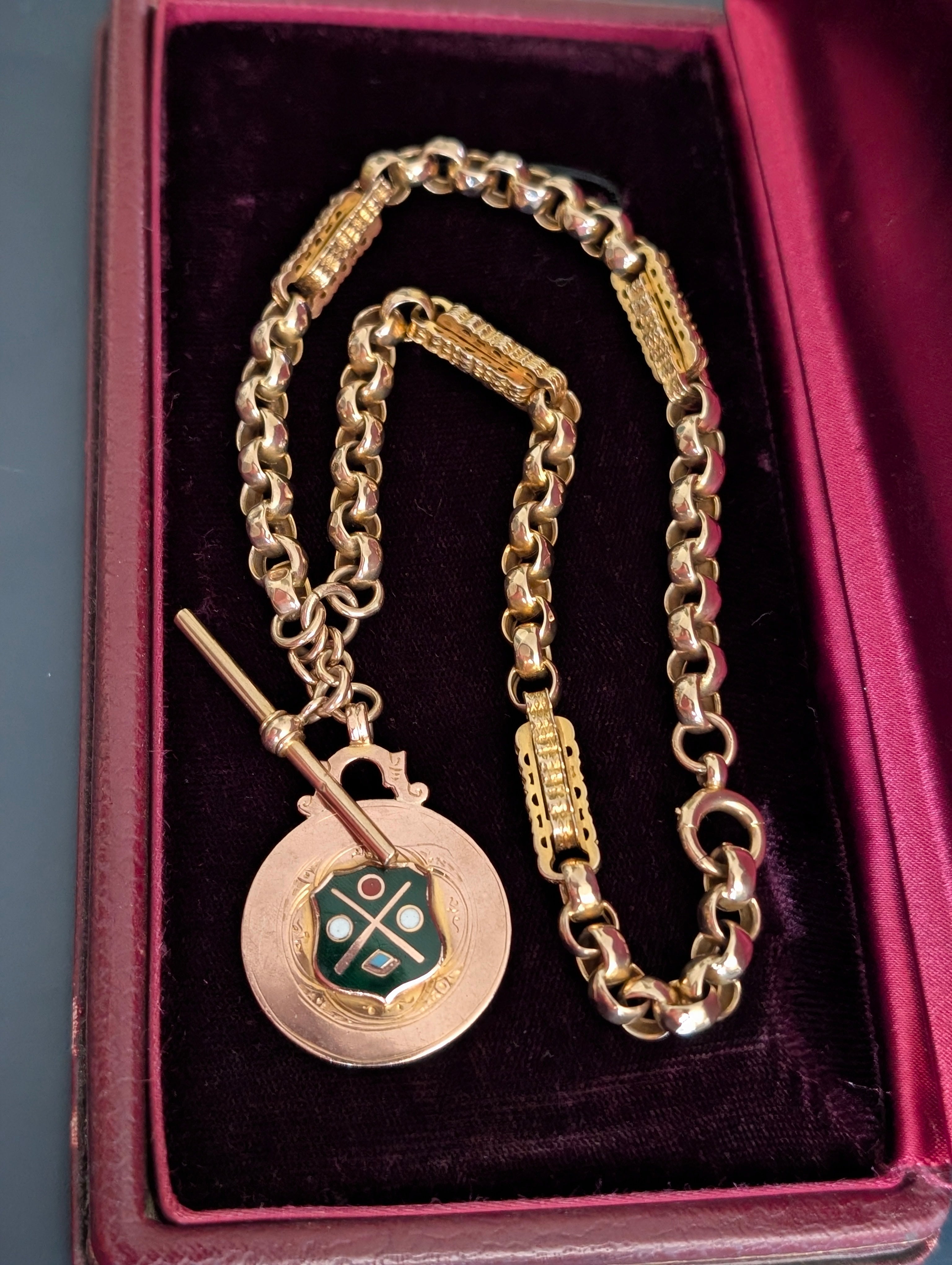 Unique Antique Chunky Star Link Watch Chain with Watch Fob Pendant - 9k Yellow Gold