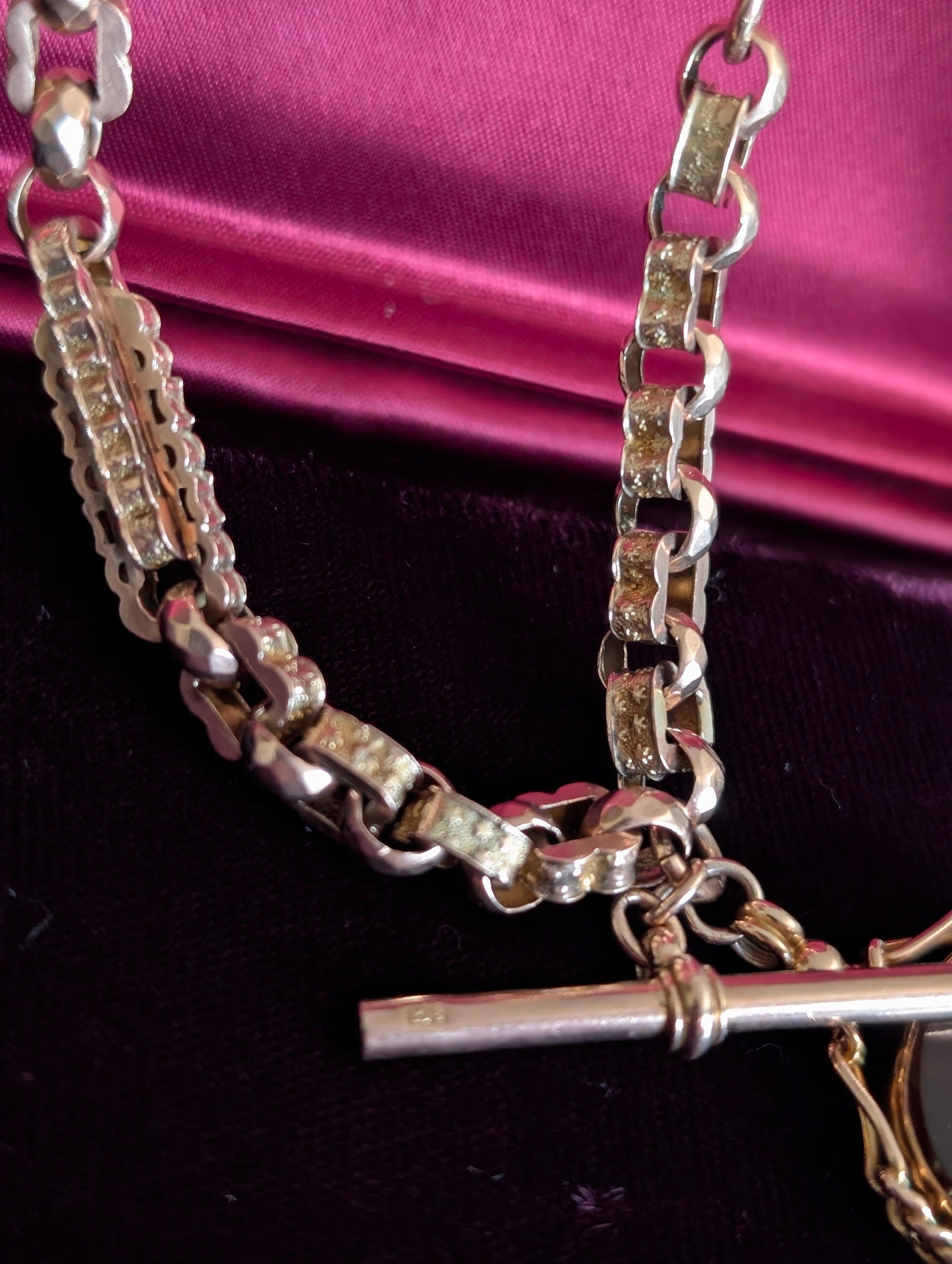 Fancy link Albert chain with a T-Bar and carnelian watch fob