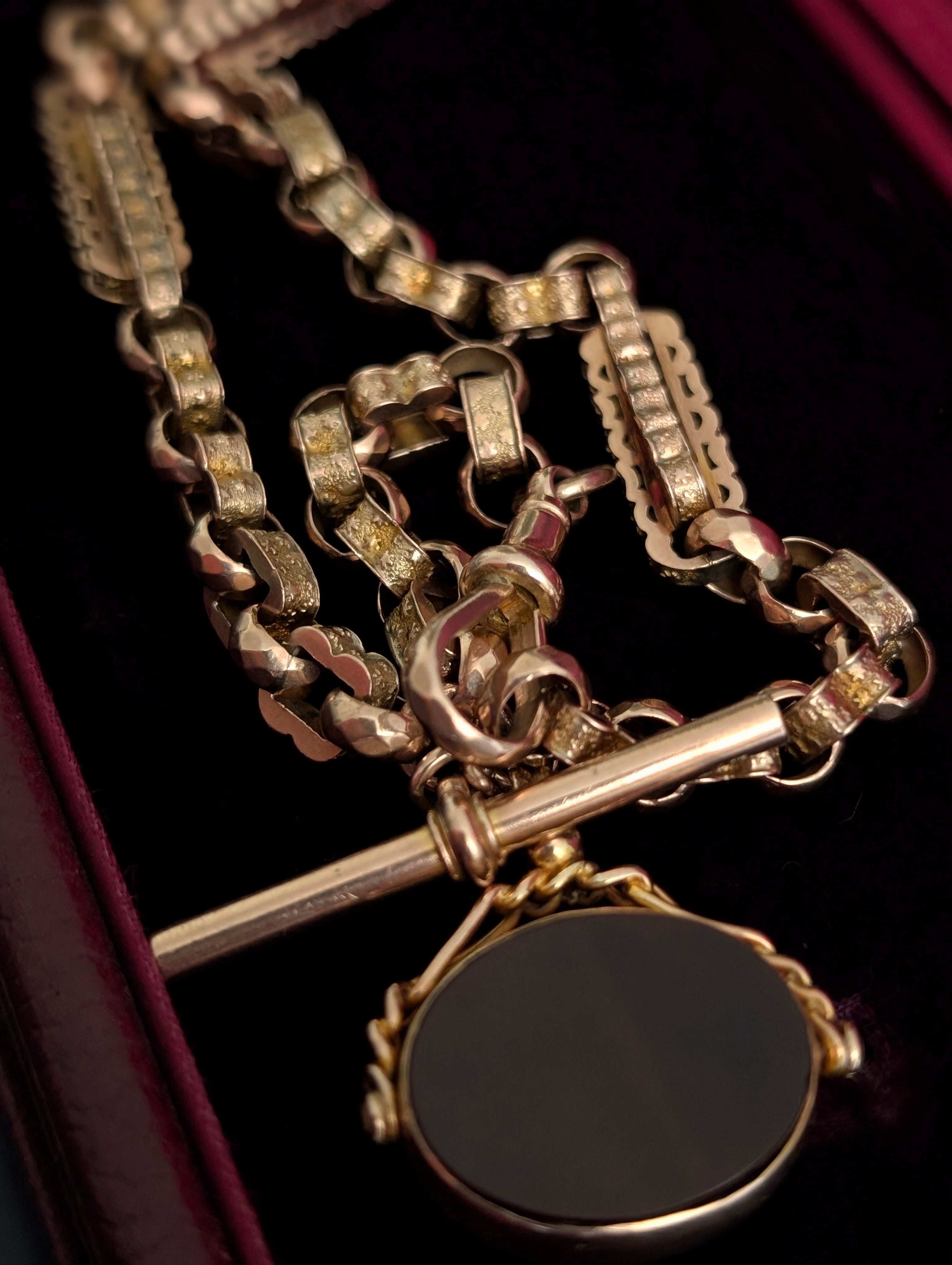 Antique Yellow Gold Star Link Watch Chain with Carnelian and Bloodstone Fob