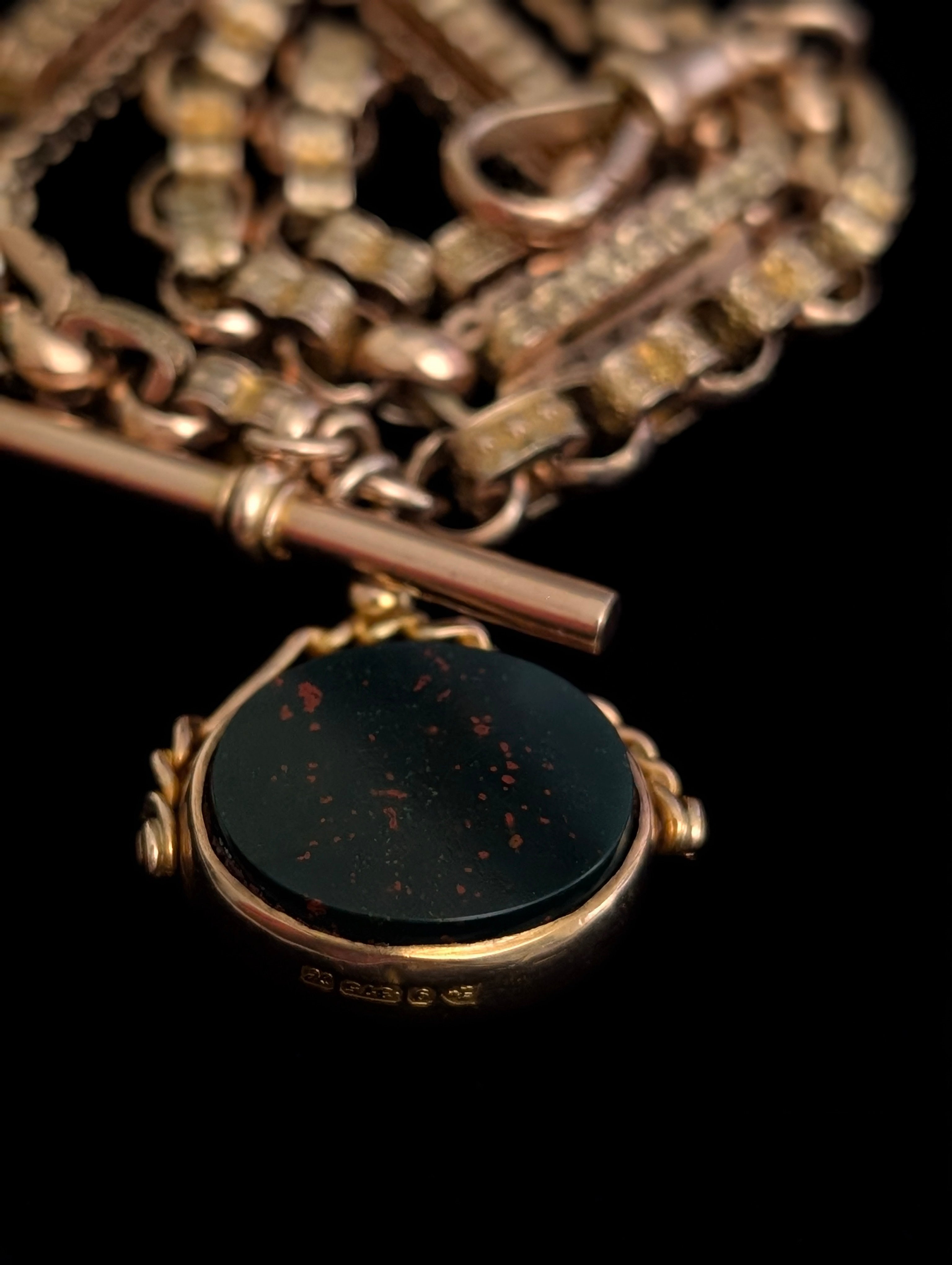 Antique Yellow Gold Star Link Watch Chain with Carnelian and Bloodstone Fob