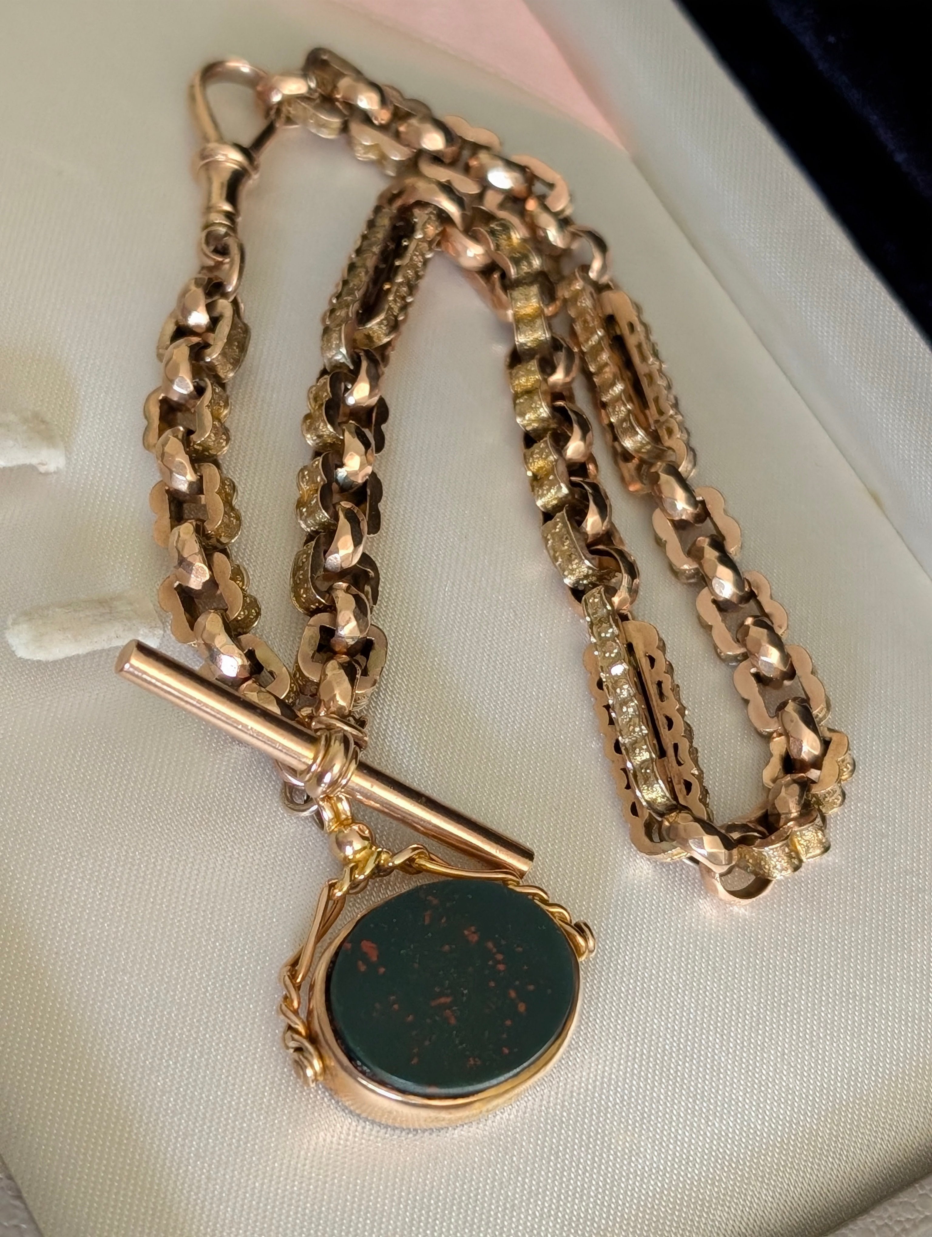 Antique Yellow Gold Star Link Watch Chain with Carnelian and Bloodstone Fob