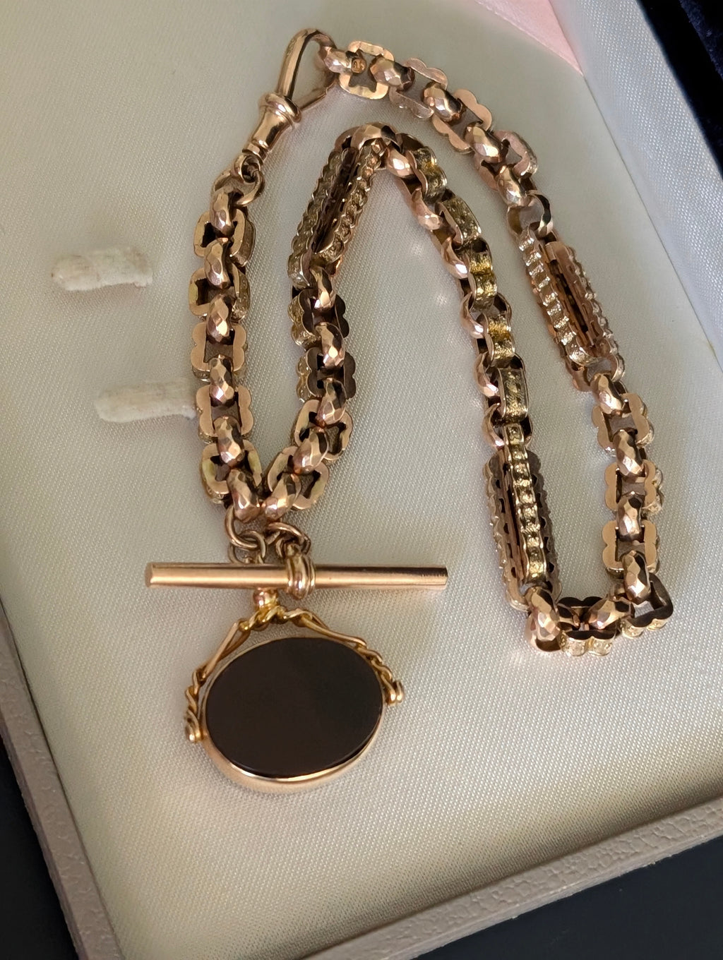 Antique Yellow Gold Star Link Watch Chain with Carnelian and Bloodstone Fob
