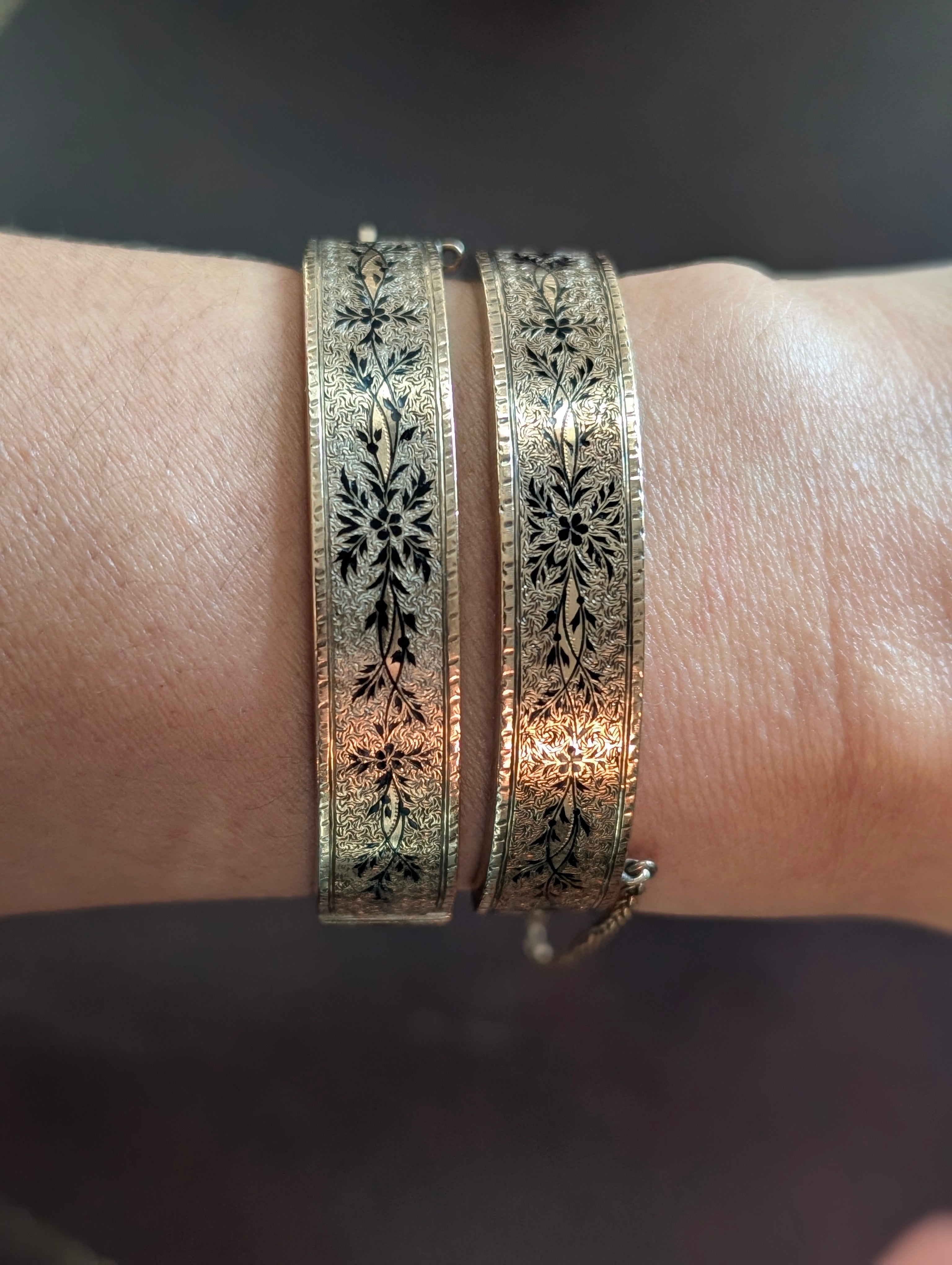 Antique 14K Gold Taille D'Epargne Gold Hinged Bangles – Pair, Dated 1875