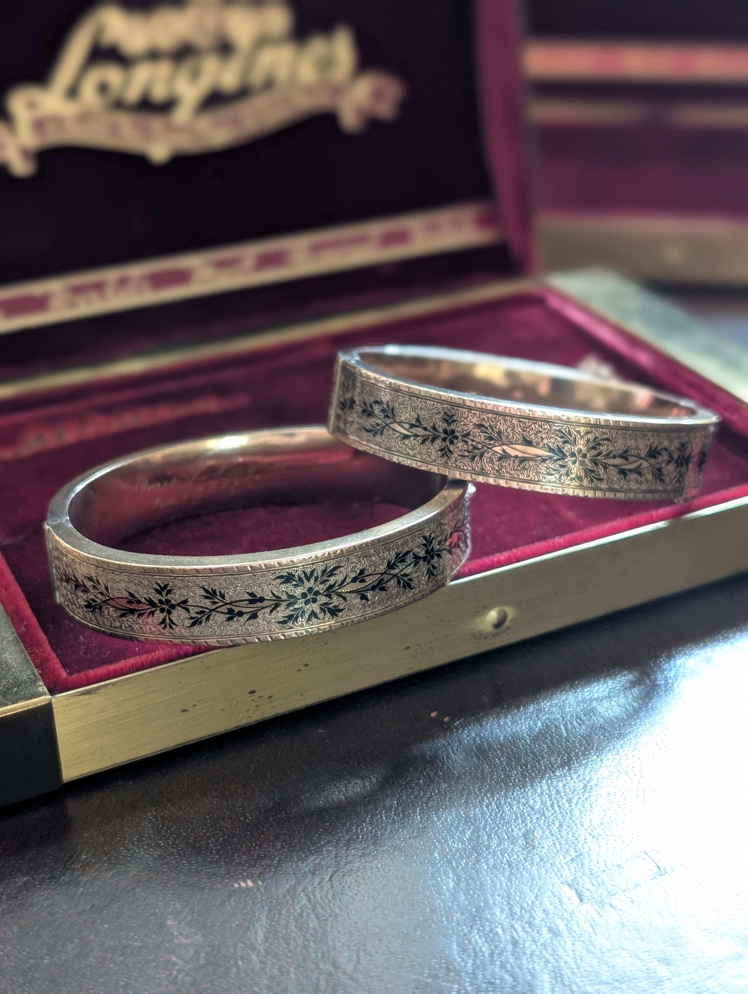 Antique 14K Gold Taille D'Epargne Gold Hinged Bangles – Pair, Dated 1875