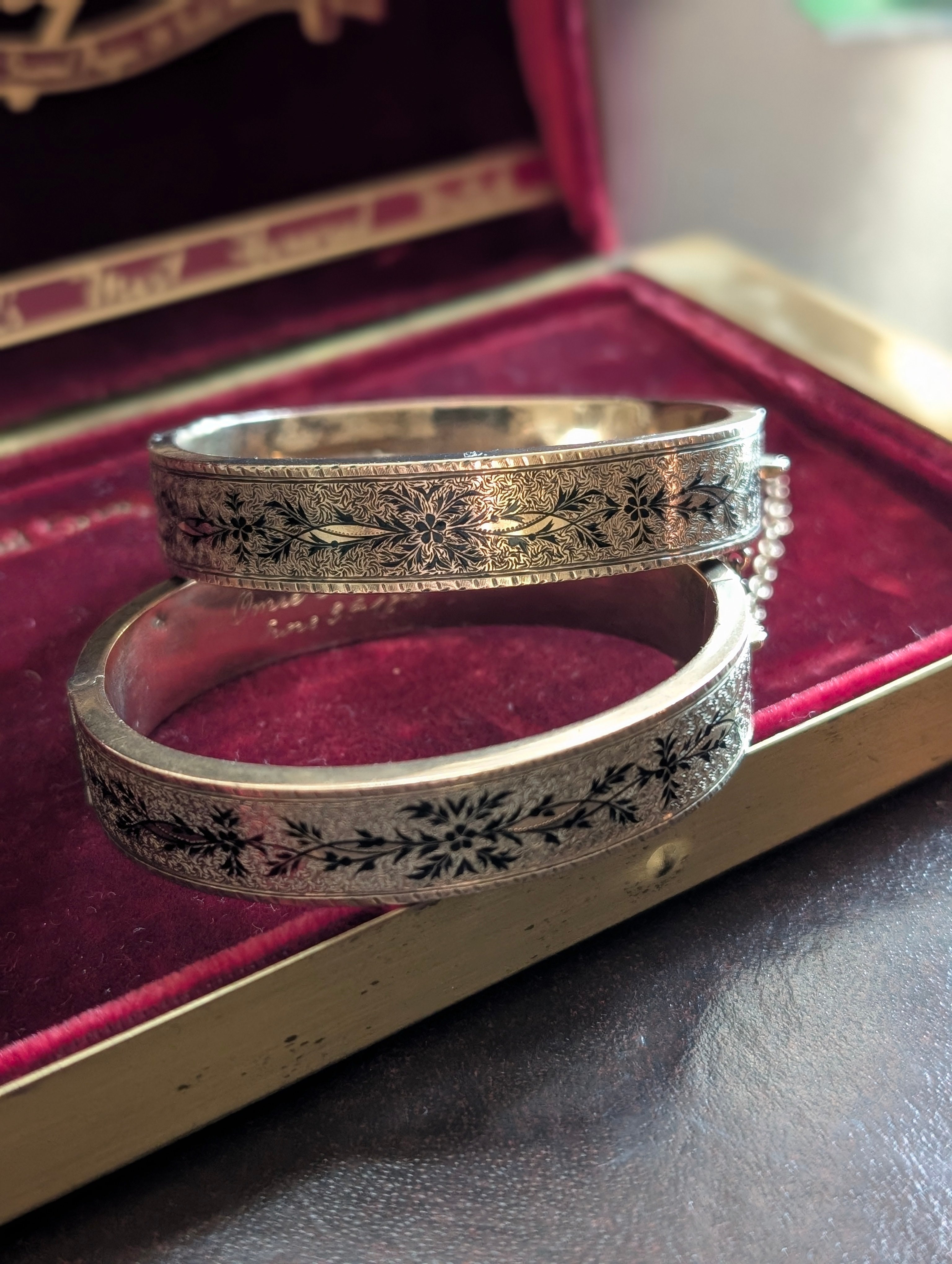 Antique 14K Gold Taille D'Epargne Gold Hinged Bangles – Pair, Dated 1875