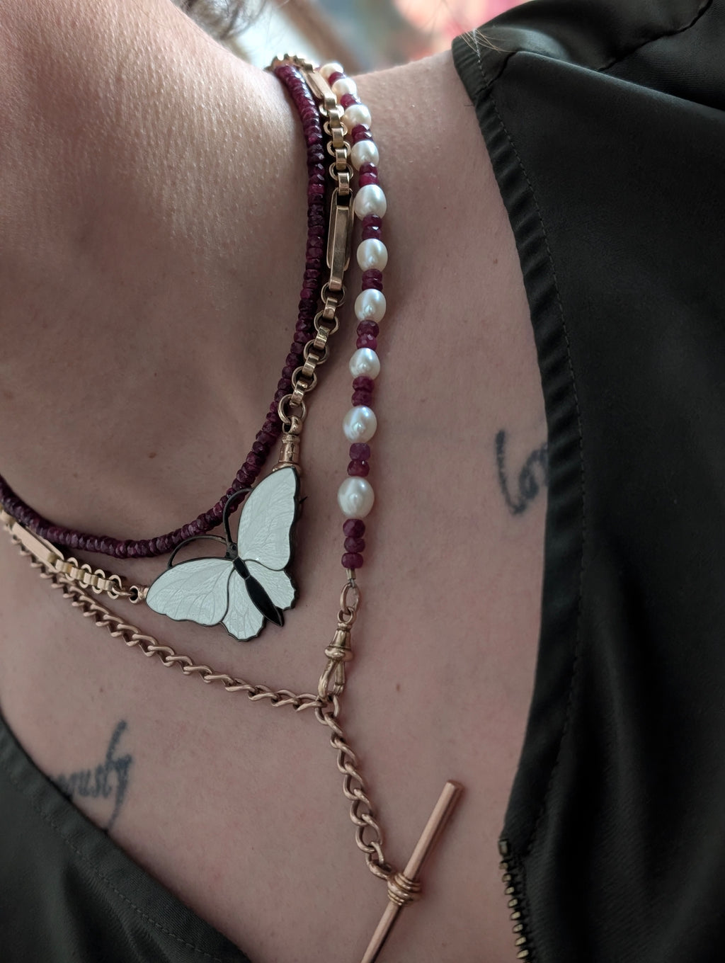 Custom 14k Gold Albert Chain with Pearl & Spinel Bracelet Extender - T-Bar and 2 Dog Cilps