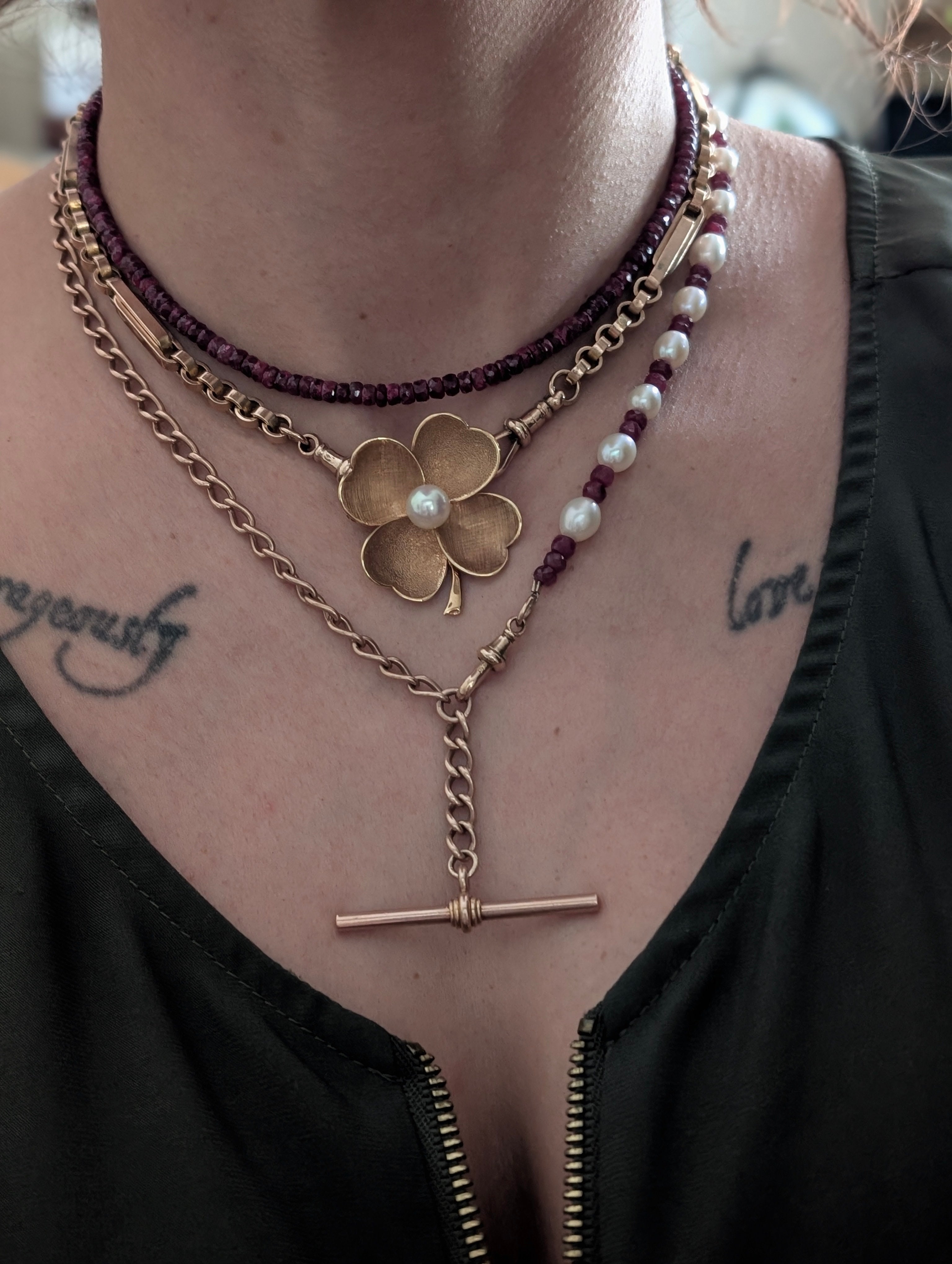 Custom 14k Gold Albert Chain with Pearl & Spinel Bracelet Extender - T-Bar and 2 Dog Cilps