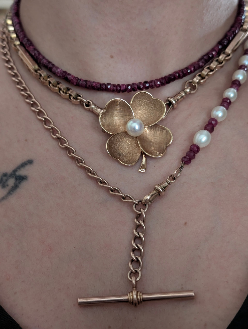 Custom 14k Gold Albert Chain with Pearl & Spinel Bracelet Extender - T-Bar and 2 Dog Cilps