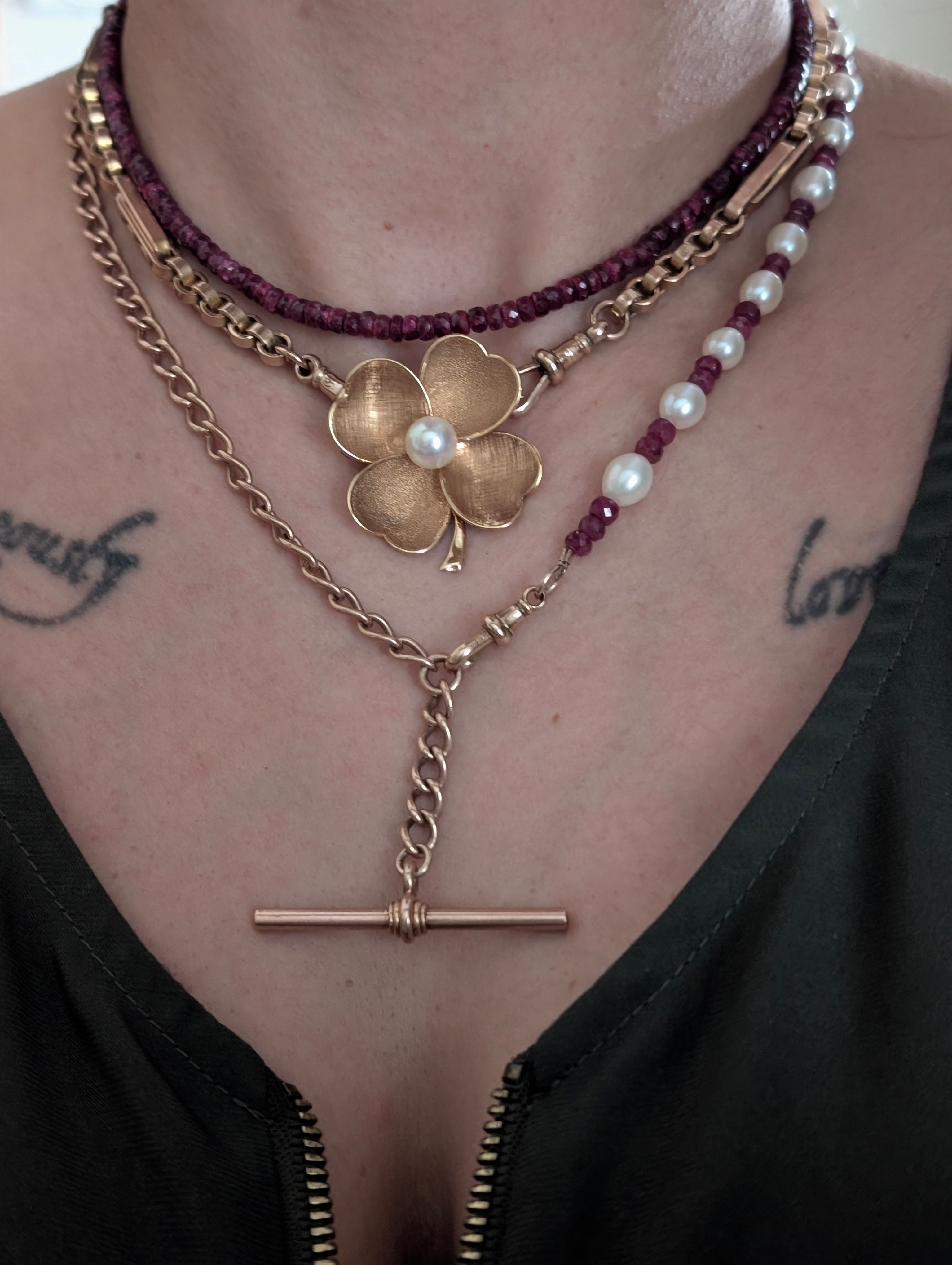 Custom 14k Gold Albert Chain with Pearl & Spinel Bracelet Extender - T-Bar and 2 Dog Cilps